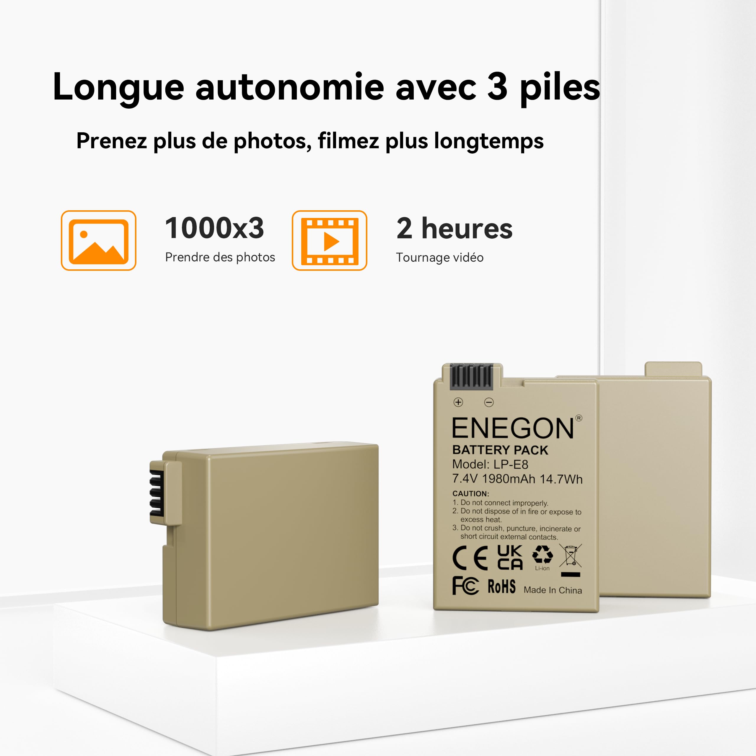 ENEGON Batterie d’Appareil Photo LP-E8 Lot de 3 (1980mAh) avec Chargeur LED à 3 emplacements, Compatible avec Canon EOS Rebel T2i, T3i, T4i, T5i / Kiss X4, X5, X6i, X7i / EOS 550D, 600D, 650D, 700D