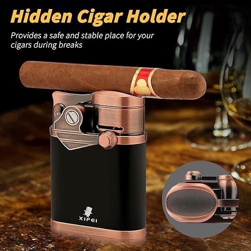 Miniatura 3 de XIFEI Encendedor de puros con 4 chorros con soporte para puros, encendedor de brazo basculante a prueba de viento, llama ajustable, encendedor de