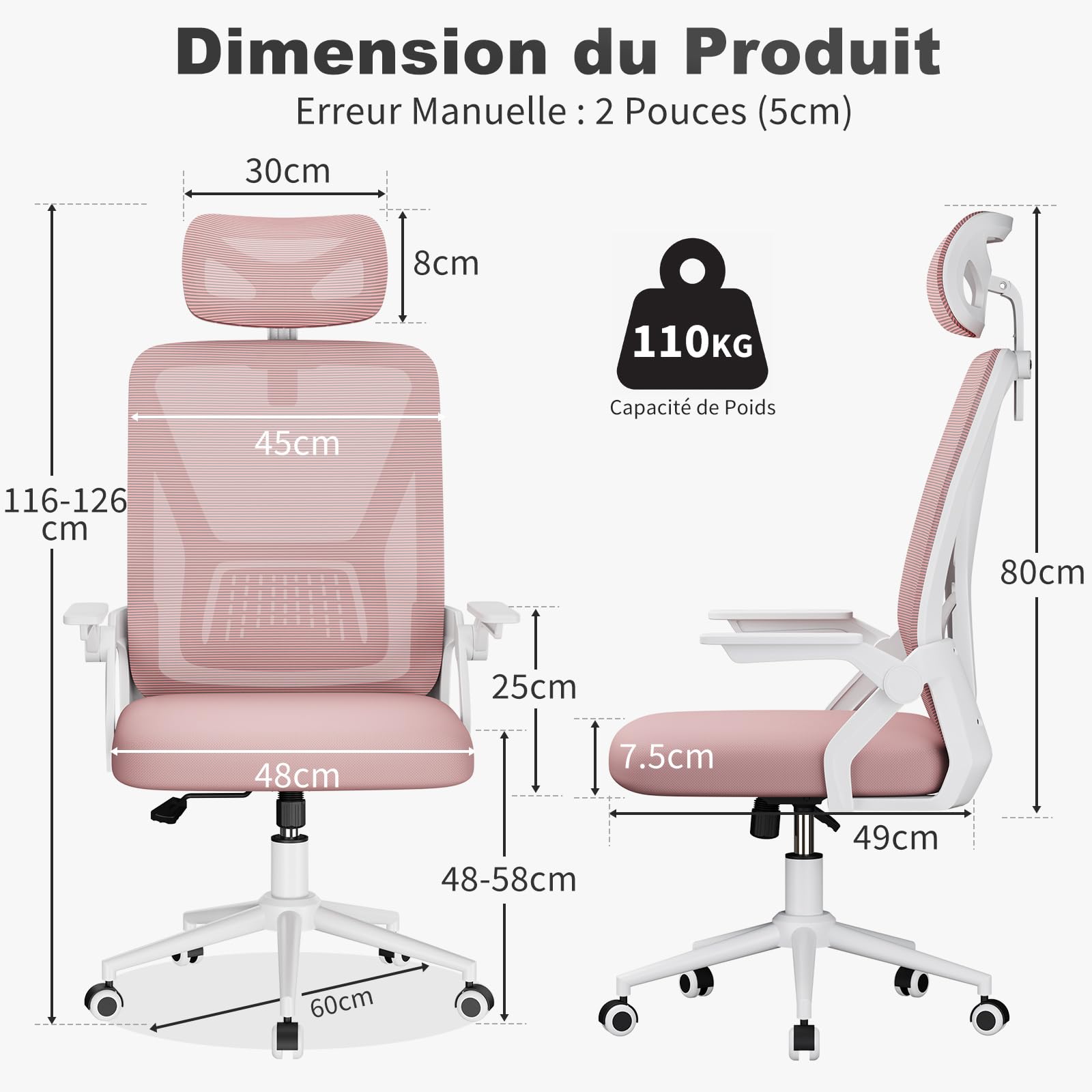 naspaluro Chaise de Bureau Ergonomique avec Accoudoirs Rabattables à 90° (avec Appui-tête, Rose)