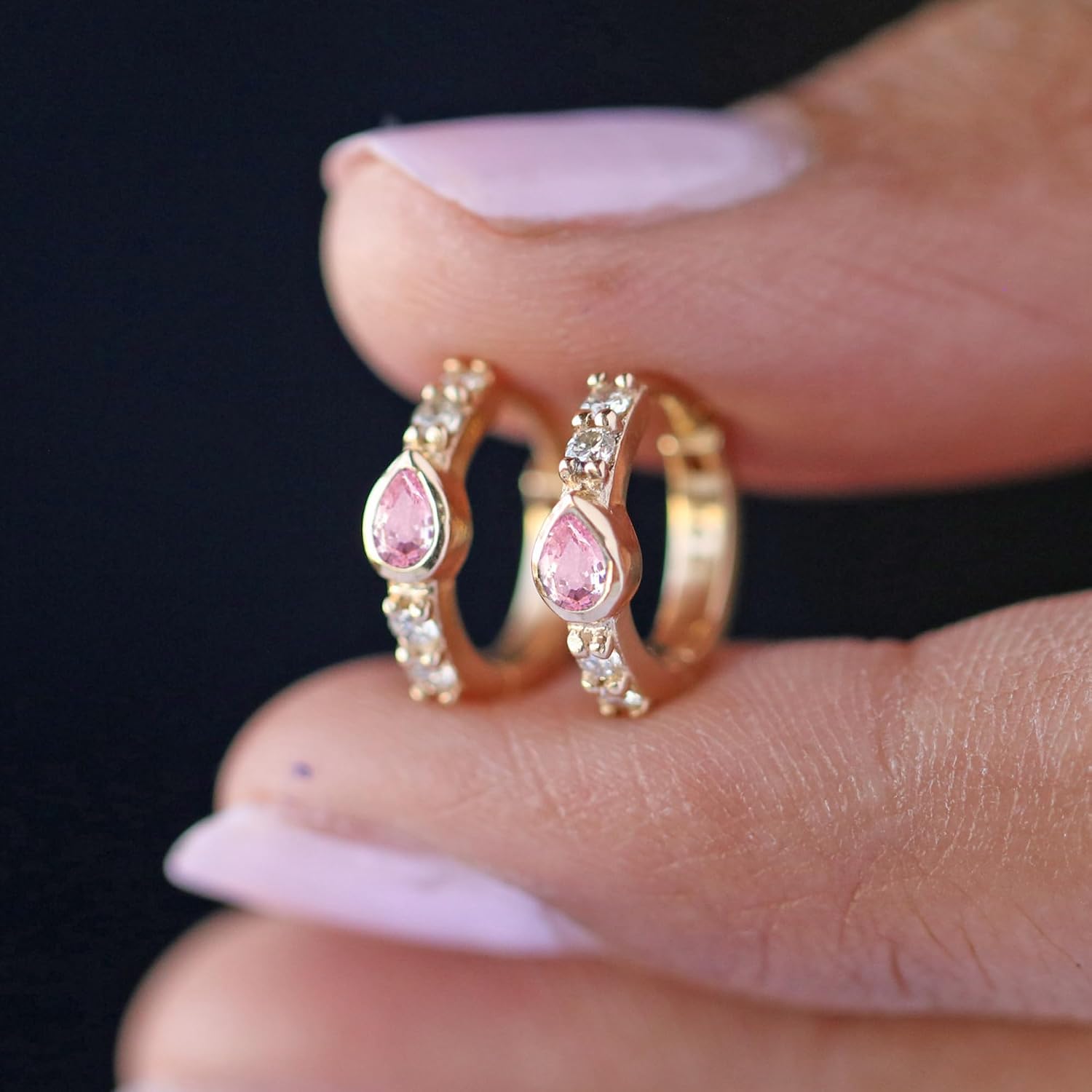Solitaire Pear Cut Natural Pink Sapphire & Side Diamond Mini Hoops Earrings, 9k, 14k & 18k Gold (Pair)