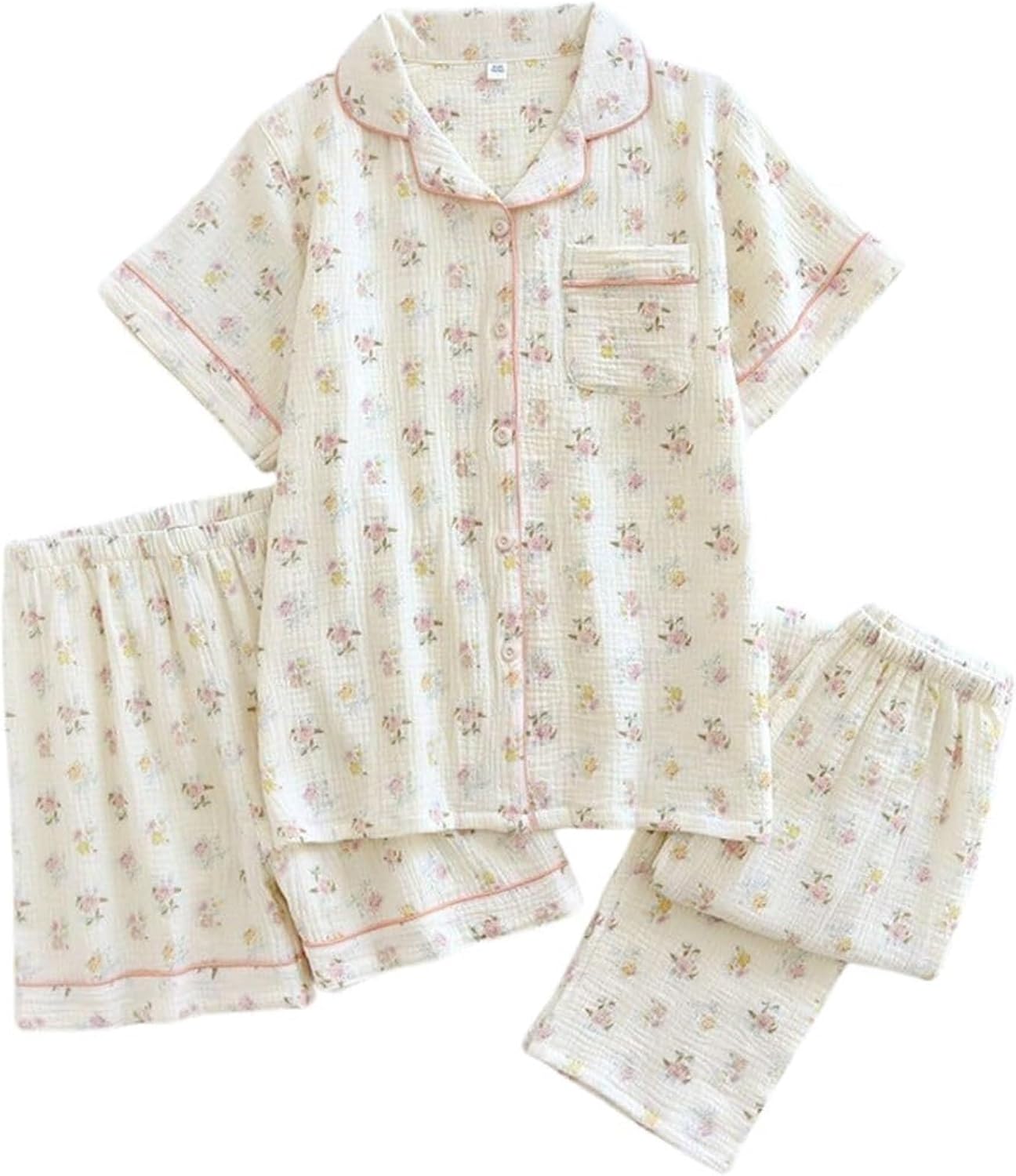 Womens 3Pcs Cotton Pajamas Set Floral Printed Short Sleeve Button Down Sleepwear Soft Comfy Pj Sets with Long Pants