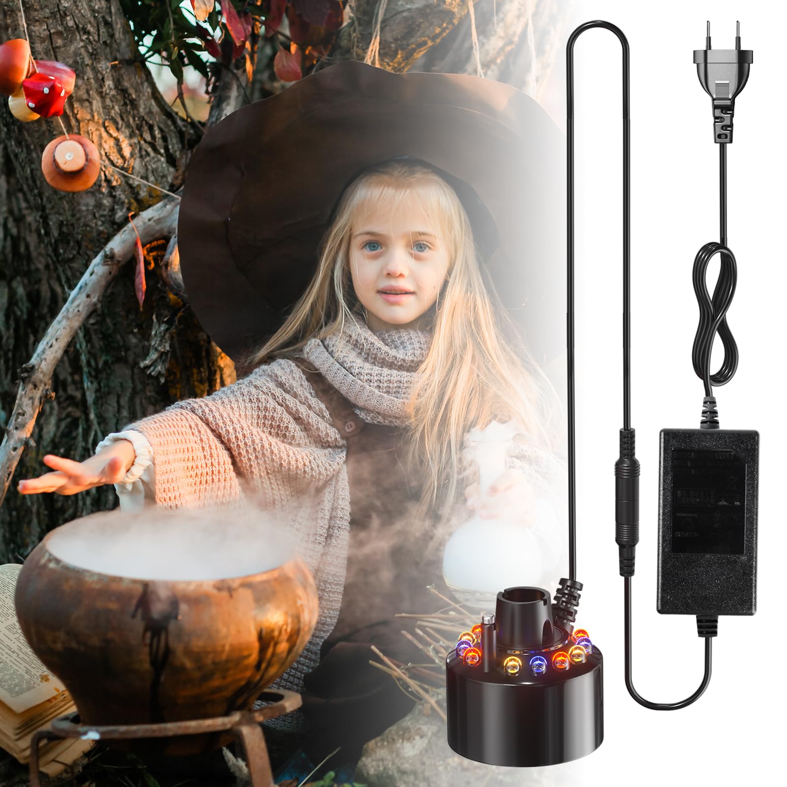 DoRight Nebbia Creatore,RGB Fogger per Nebulizzatore, Nebulizzatore ad Ultrasuoni con Adattatore di EU 110 240 V Spina 12 LED Creatore di Nebbia Colorato per Zucca di Halloween e Pentola Della Strega