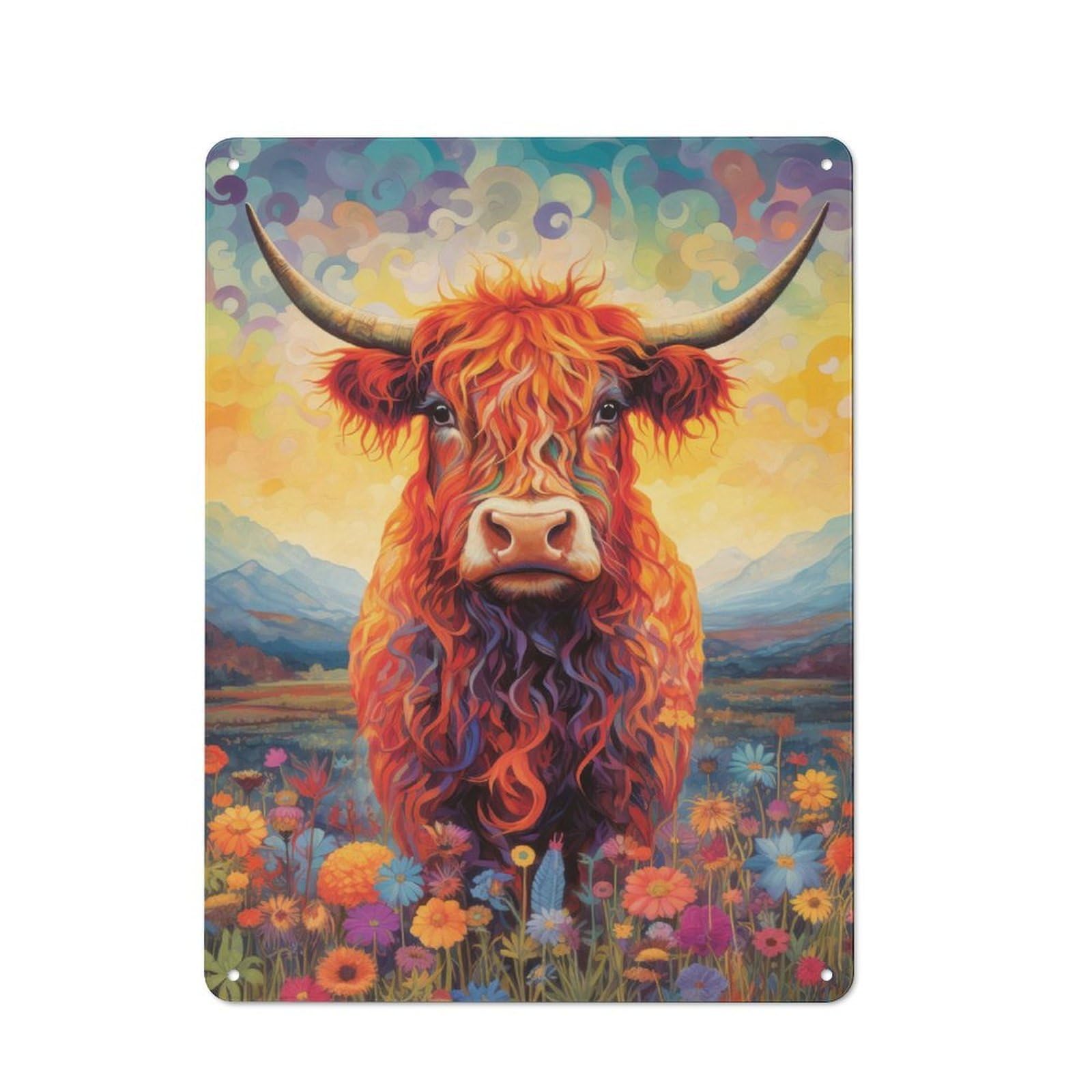 Floral Highland Cow Rustic Metal Sign 40x30cm, Barn Style Farmhouse Wall Decor for Kitchen, Cottage, Porch Or Garden Room