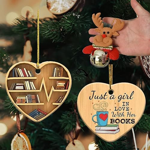 OIUYT Adorno de corazón para amantes de los libros adorno de Navidad con campanas de Navidad colgante de muñeca de acrílico en forma de corazón