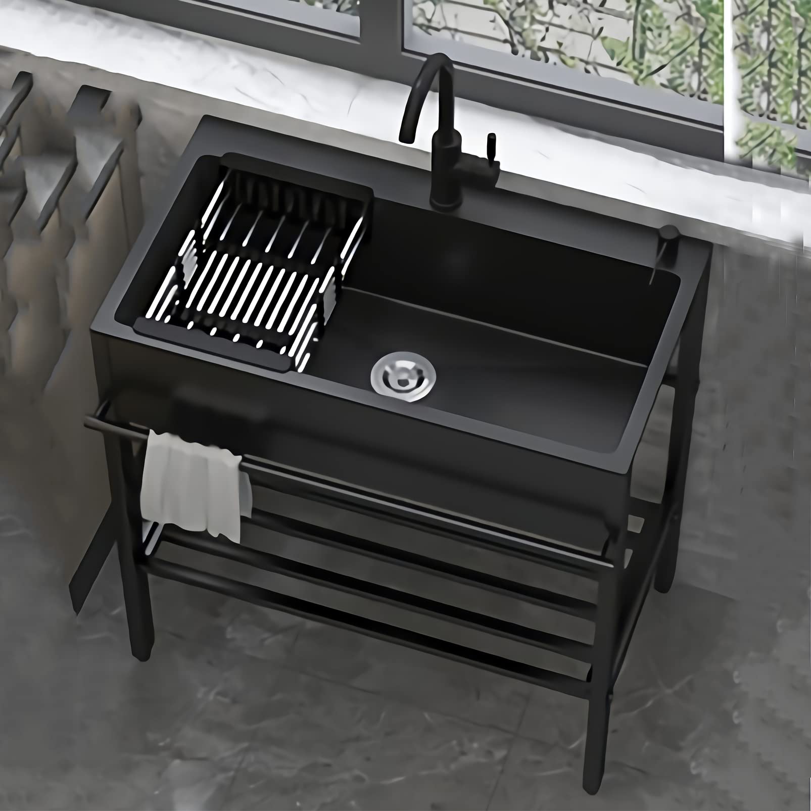 Évier utilitaire portable noir anti-rouille pour lavage des mains en extérieur