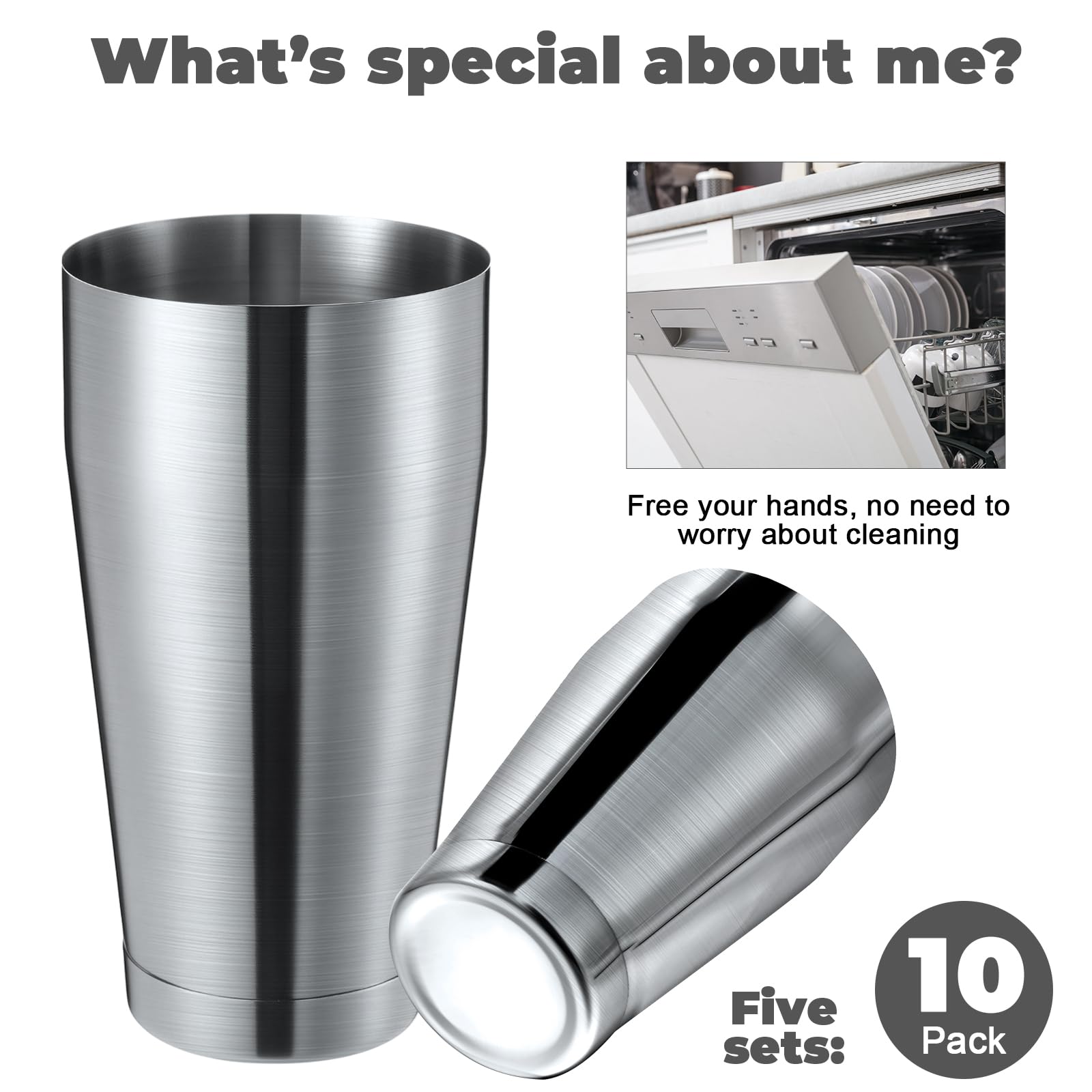 Lallisa Set di 10 shaker per cocktail professionali da bar, in acciaio inox, shaker per Martini, mixer per bevande, strumenti di base per baristi, 510 g, 793,8 g (argento levigato)