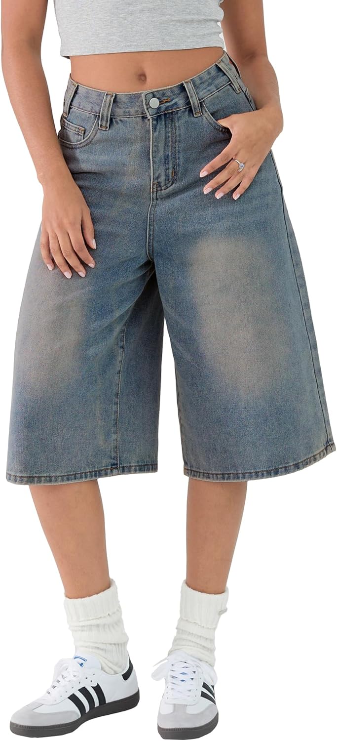 EMMIOL Women Jean Jorts Baggy Loose Fit Jean Shorts 2026 Summer Trendy Wide Leg Long Denim Shorts Y2K Clothes