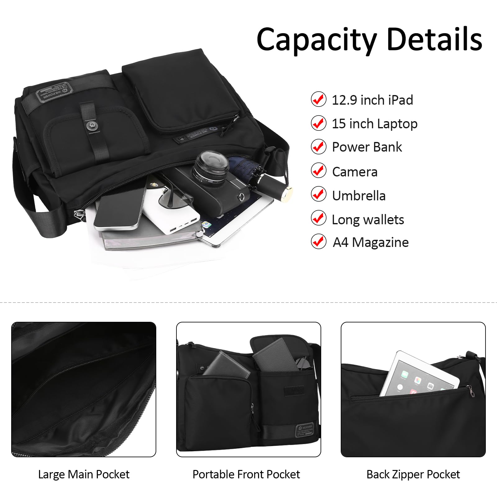 VARLIVOO Borsa a Spalla Uomo Borsa a Tracolla per Laptop da 15 Pollici Grande Borsa Messaggero Multitasche per Sportivo Ciclismo Trekking Nylon Nero