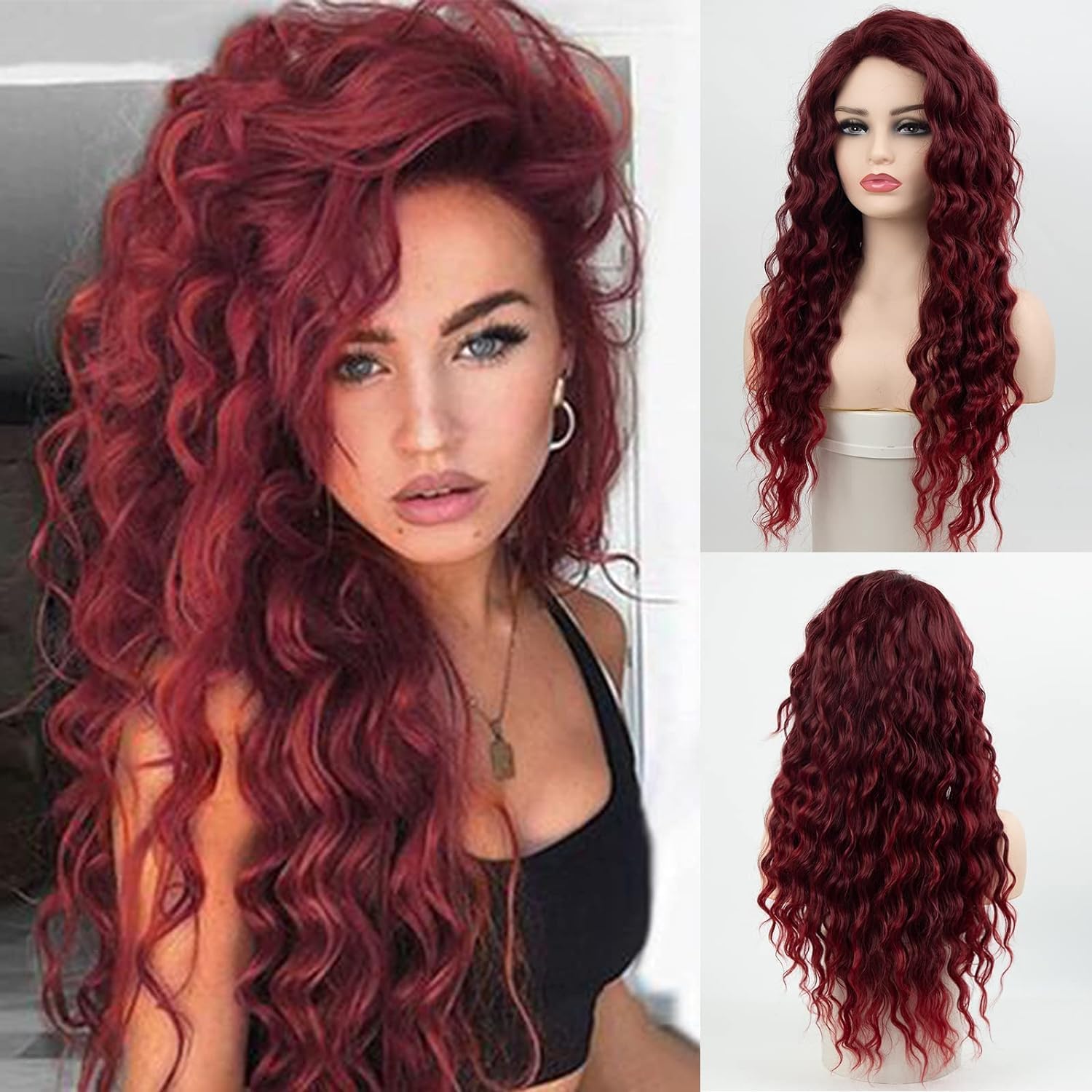 Beweig Long Curly Wavy Wine Red Wig for Women Side Part Burgundy Natural Looking Cosplay, 9 inches