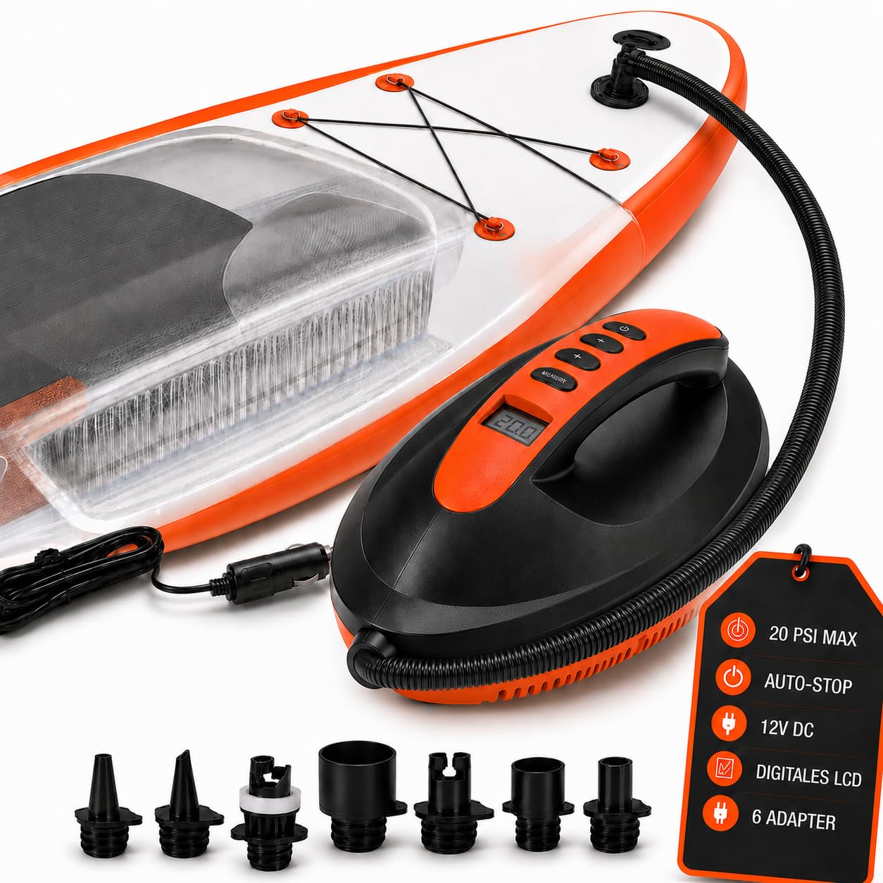 SkinStar Pompa elettrica SUP 20 PSI con display digitale, arresto automatico, collegamento 12 V, funzione di gonfiaggio e aspirazione, con 6 adattatori per SUP, kayak e gommoni