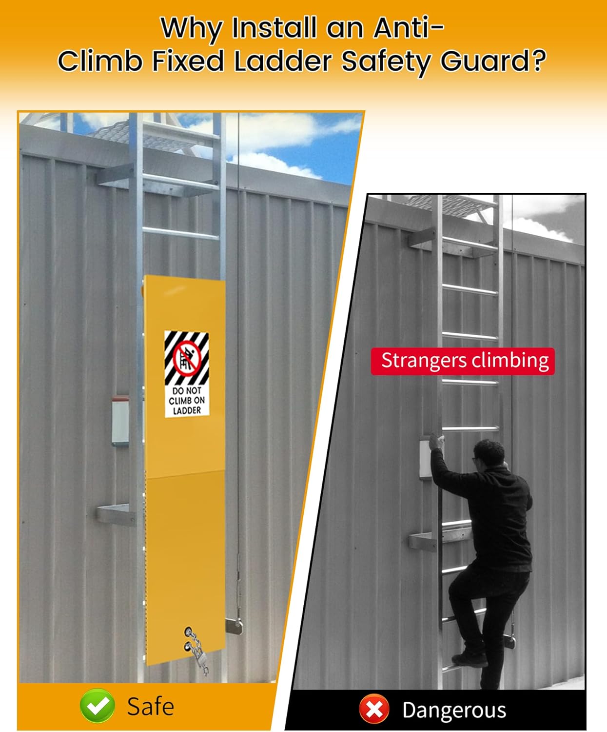 Anti-Climb Fixed Ladder Safety Guard, Fit for Roof/Tower/Industrial Fixed Ladders with Step Widths of 16" and Above, with Warning Signs & Locking Device (Yellow)