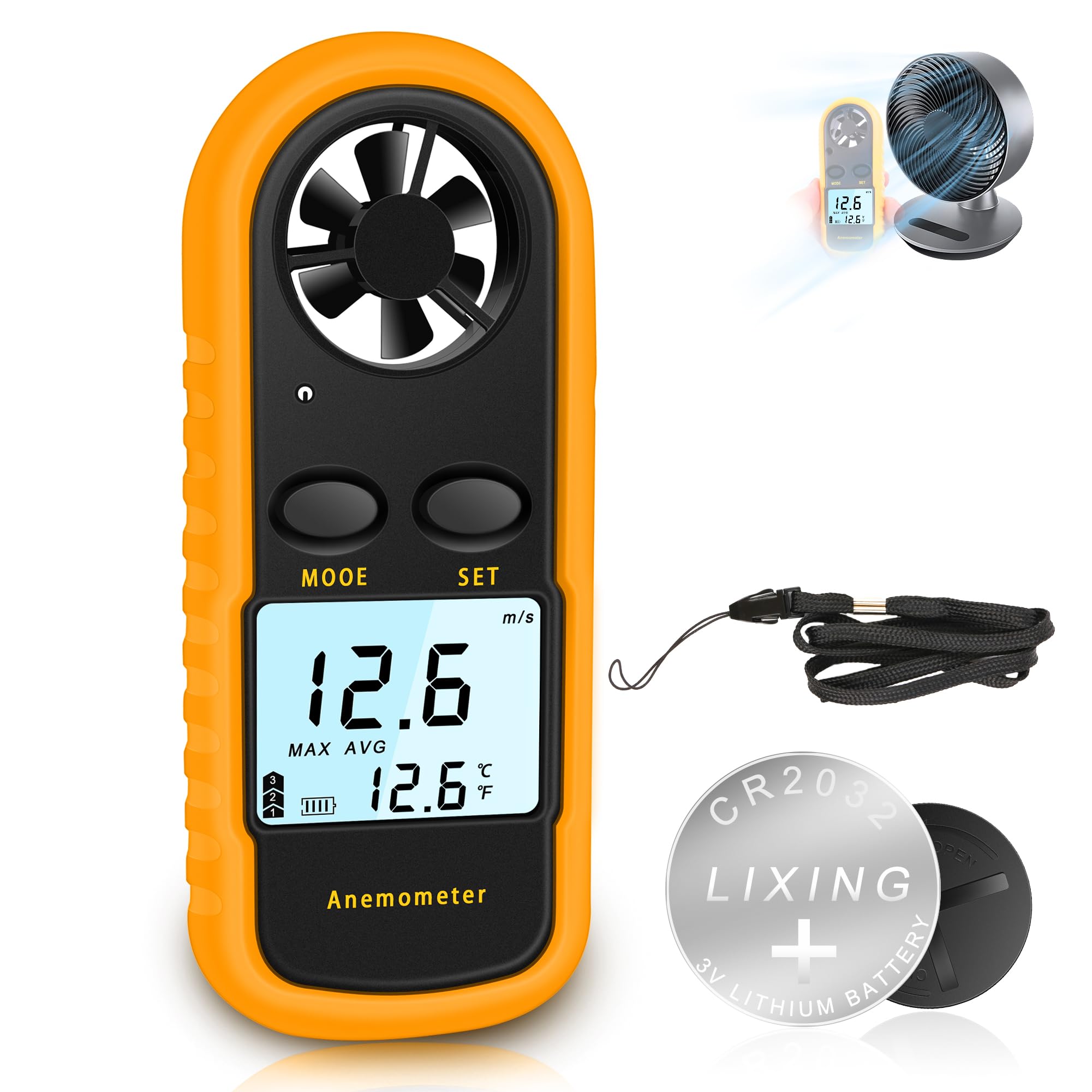 Anemómetro Portátil Digital, Medidor de Velocidad del Viento con Retroiluminación LCD, Modo MAX/Promedio/Actual