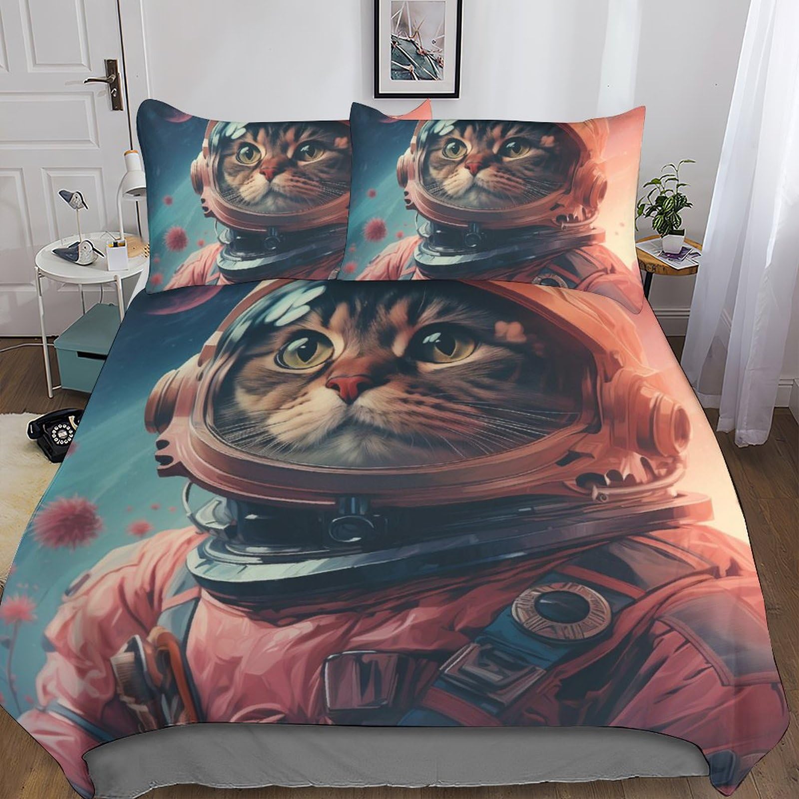 Housse de couette chat de l'espace 200x200 anti-glisse avec fermeture éclair facile