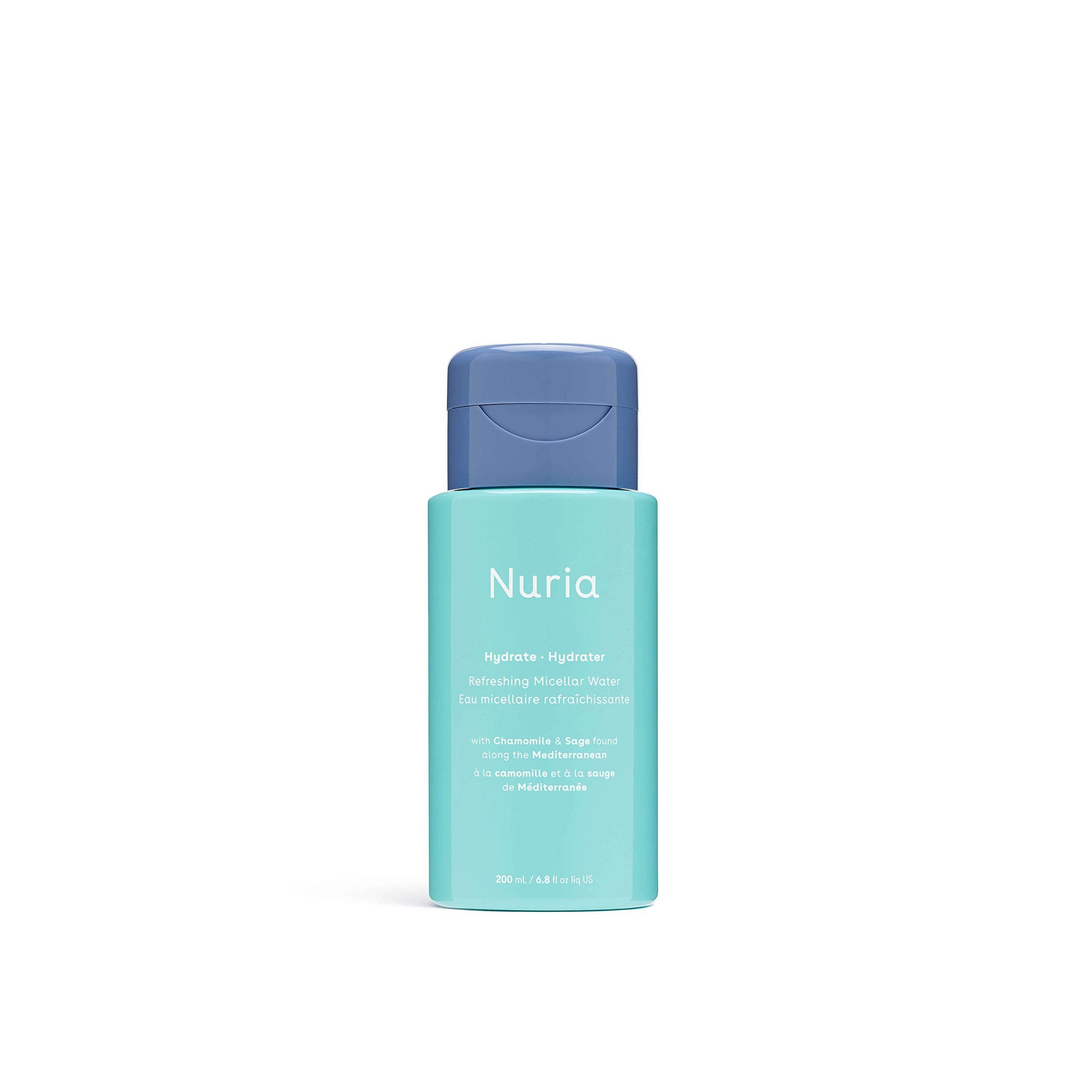 NuriaHydrate Refreshing Micellar Water, No-Rinse Makeup Remover Water with Sage Leaf Oil, Chamomile, and Aloe Leaf Juice, 200mL/6.8 fl oz