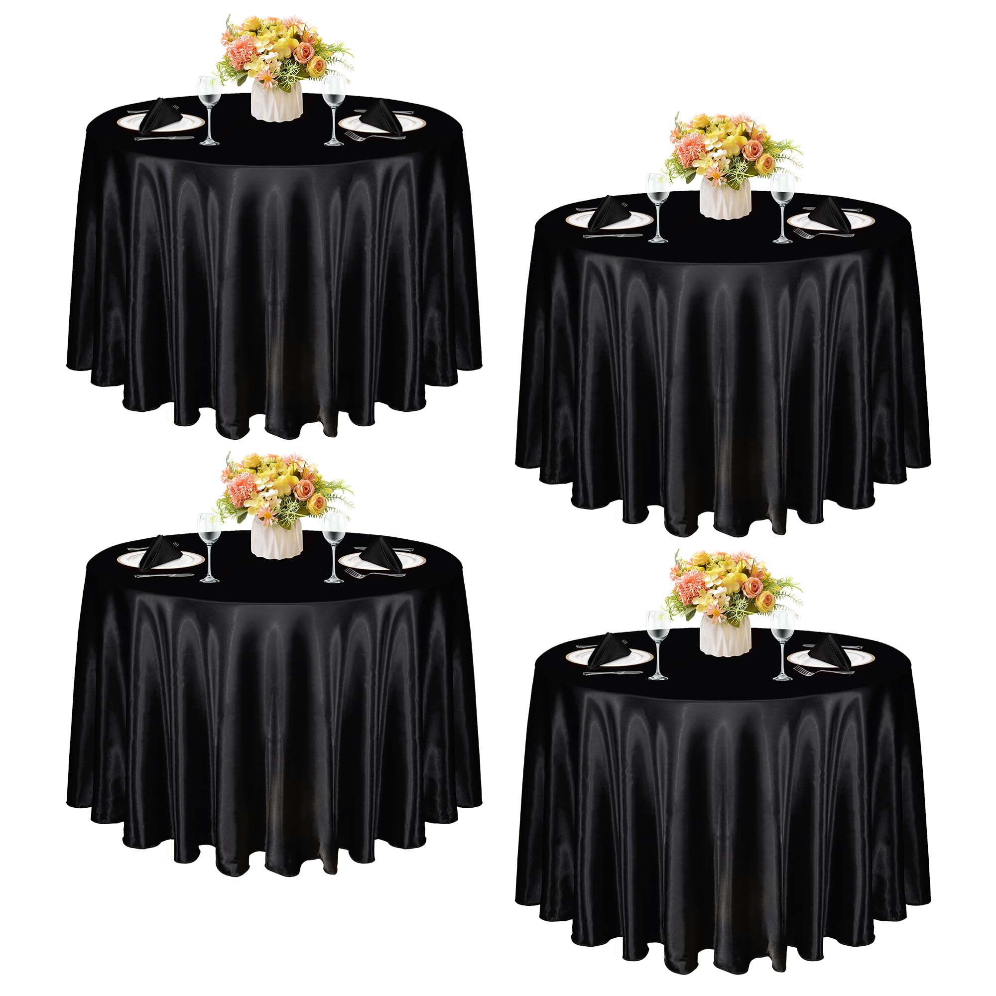 KKJIAF 4 Pack 120 Inch Round Tablecloth Satin Black Round Table Cover, Silky Satin Dining Table Cloth for Wedding, Party, Banquet, Restaurant, Formal Events