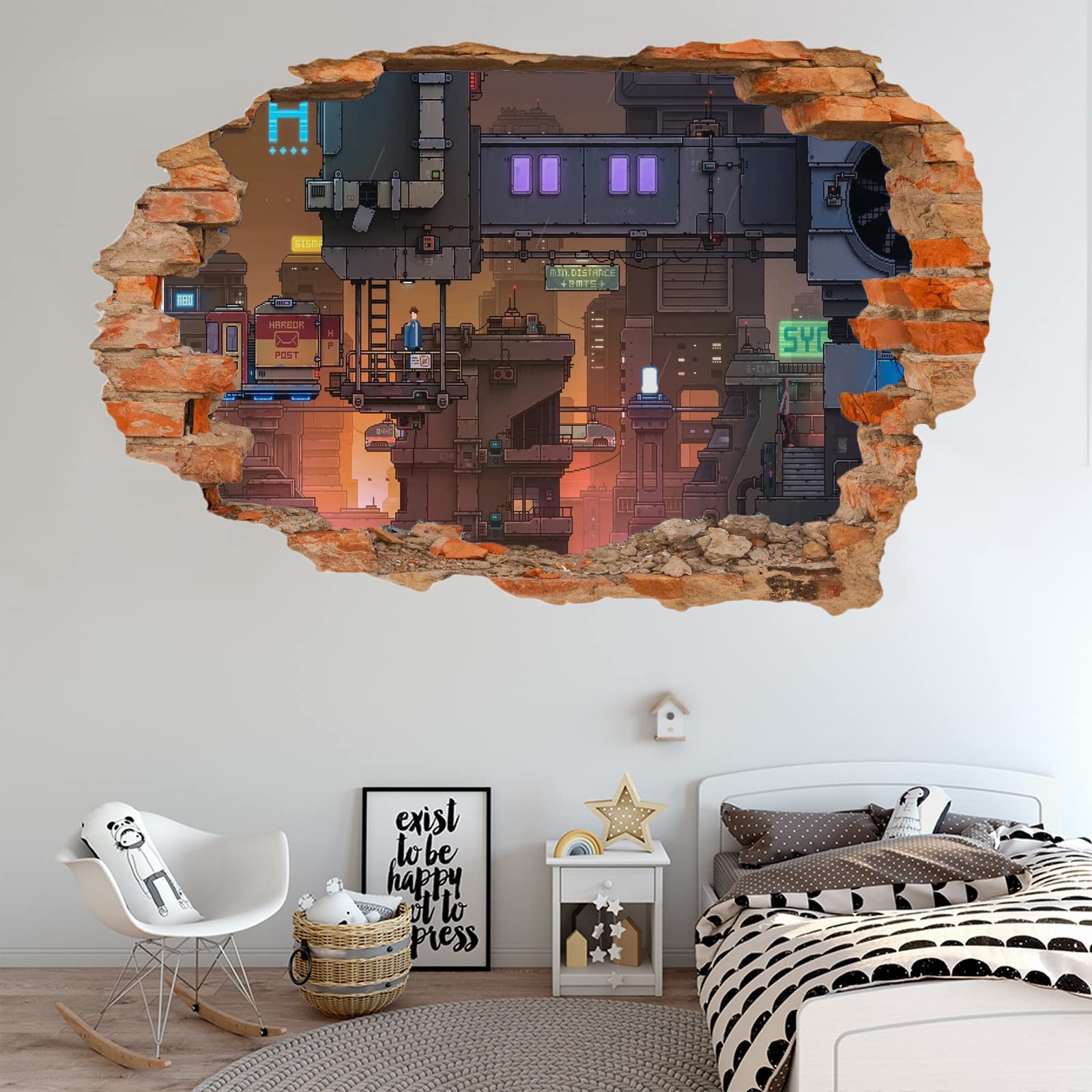 Ciudad Tatuajes De Pared Wall Tattoo 3D Smashed Abstracto Adhesivo De Pared Extraíble Calcomanías Murales Para Habitaciones Moderno Niñas Niños Dormitorio Mural Decoración Para El Hogar 80x120cm