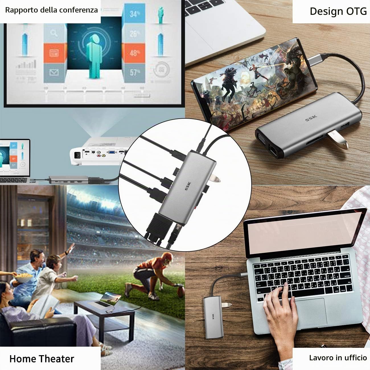 SSK Hub USB-C 11 in 1, Docking station per laptop con triplo display, Adattatore multiporta di tipo C con 2 (doppio) HDMI 4K/60Hz, VGA, PD3.0, SD/TF CR, RJ45, 3 USBs ecc. Per MacBook/XPS e altr