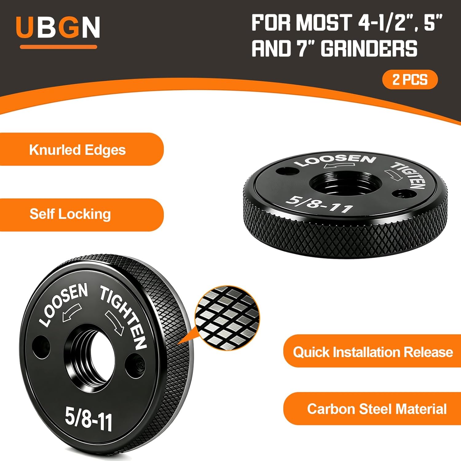 Quick Install & Quick Release Angle Grinder Nut 5/8"-11, 2 PCS Self-Locking Flange Nuts, Tool-Free Grinder Accessories & Attachments for 4-1/2", 5", 7", 9" Angle Grinders