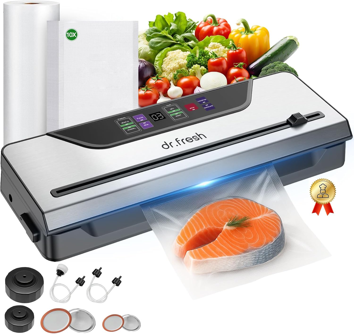 90Kpa Vacuum Sealer for Food,10-in-1 Food Fresh Saver Vacuum Sealer Machine with Mason Jar Kit,Built-in Cutter,Digital Timer,Dry&Moist Modes,Include Bags&Hoses,Gift for Mom Wife Grandparents Chef&Home