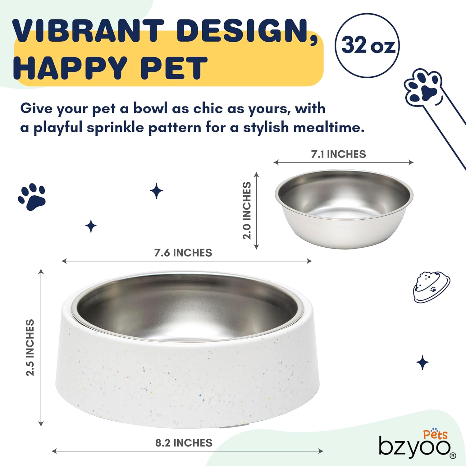 bzyoo 32oz 4CUP Dog & Cat Bowl, Sprinkle Design, Hygienic 304 Stainless Steel Pet Bowl with Removable Inner Bowl, Non-Slip Silicone Base, Dishwasher Safe, for Dry/Wet/Raw Food & Water (White)