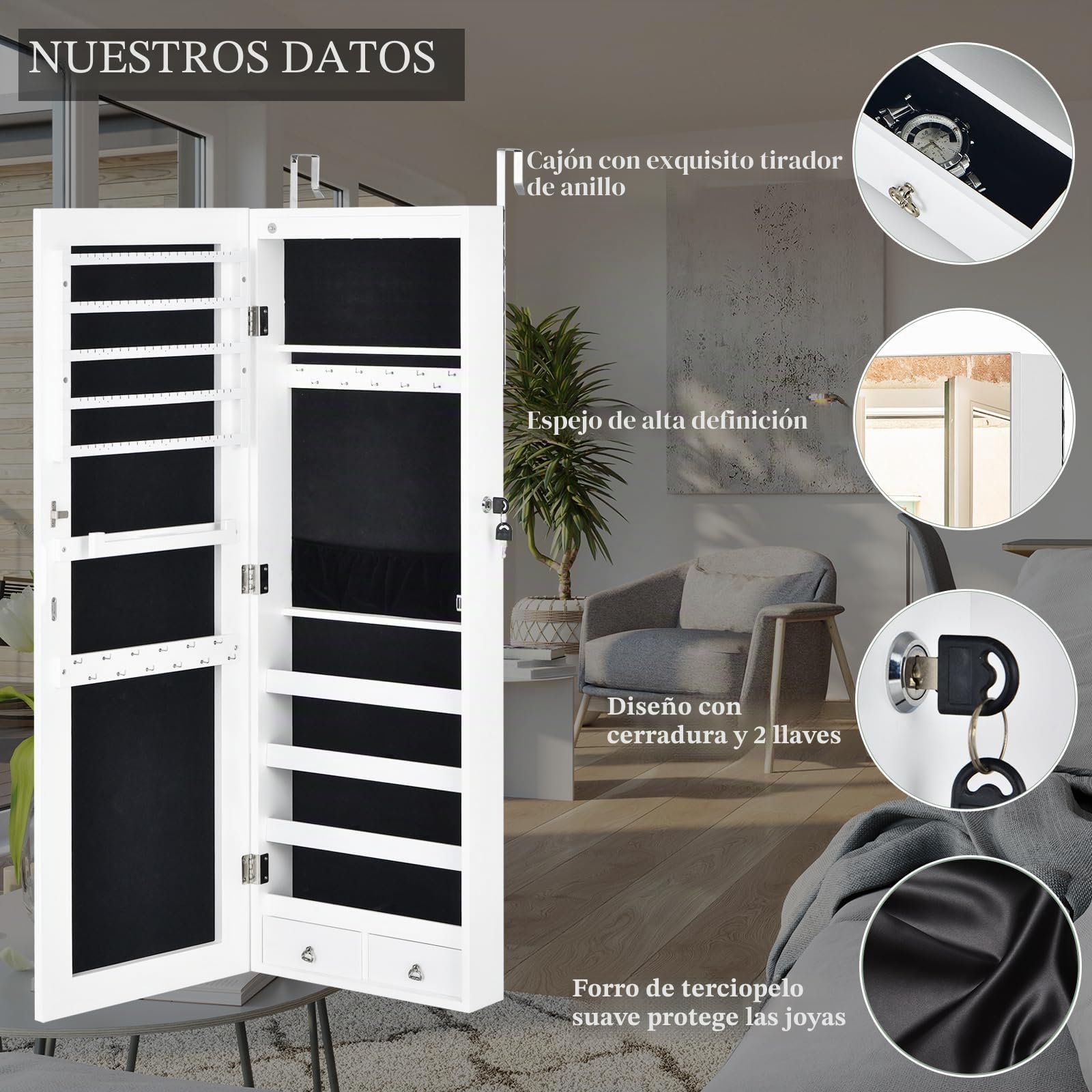 Espejo joyero de pared con LED HOMASIS, armario para joyas con llaves, blanco