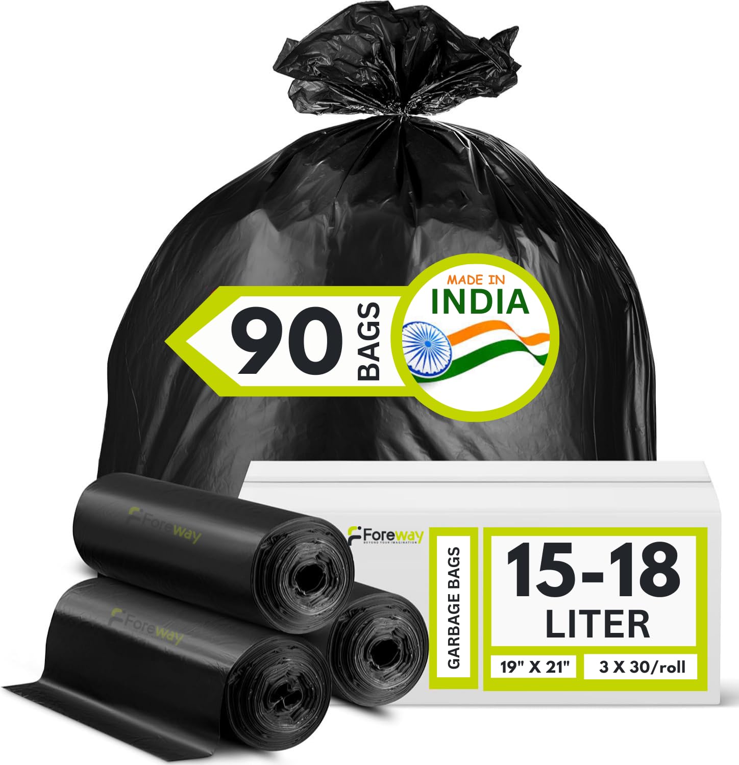 foreway garbage bags, sturdy & tear-resistant commercial garbage bags, black trash bags for home, kitchen, office, commercial, lawn and leaf bags (medium size 19 x 21 (90 bags))