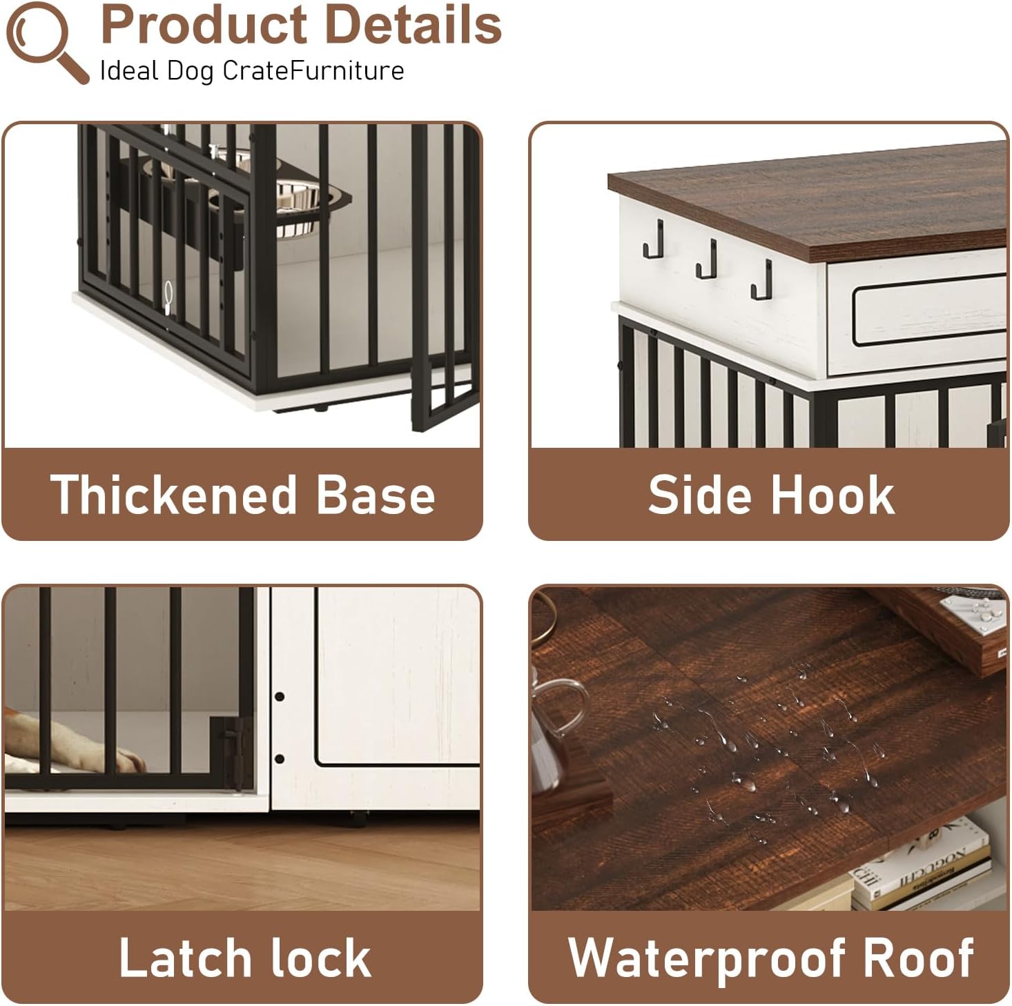 Close-up images highlighting product details: a thickened base for stability, side hooks for accessories, a secure latch lock, and a waterproof roof surface.
