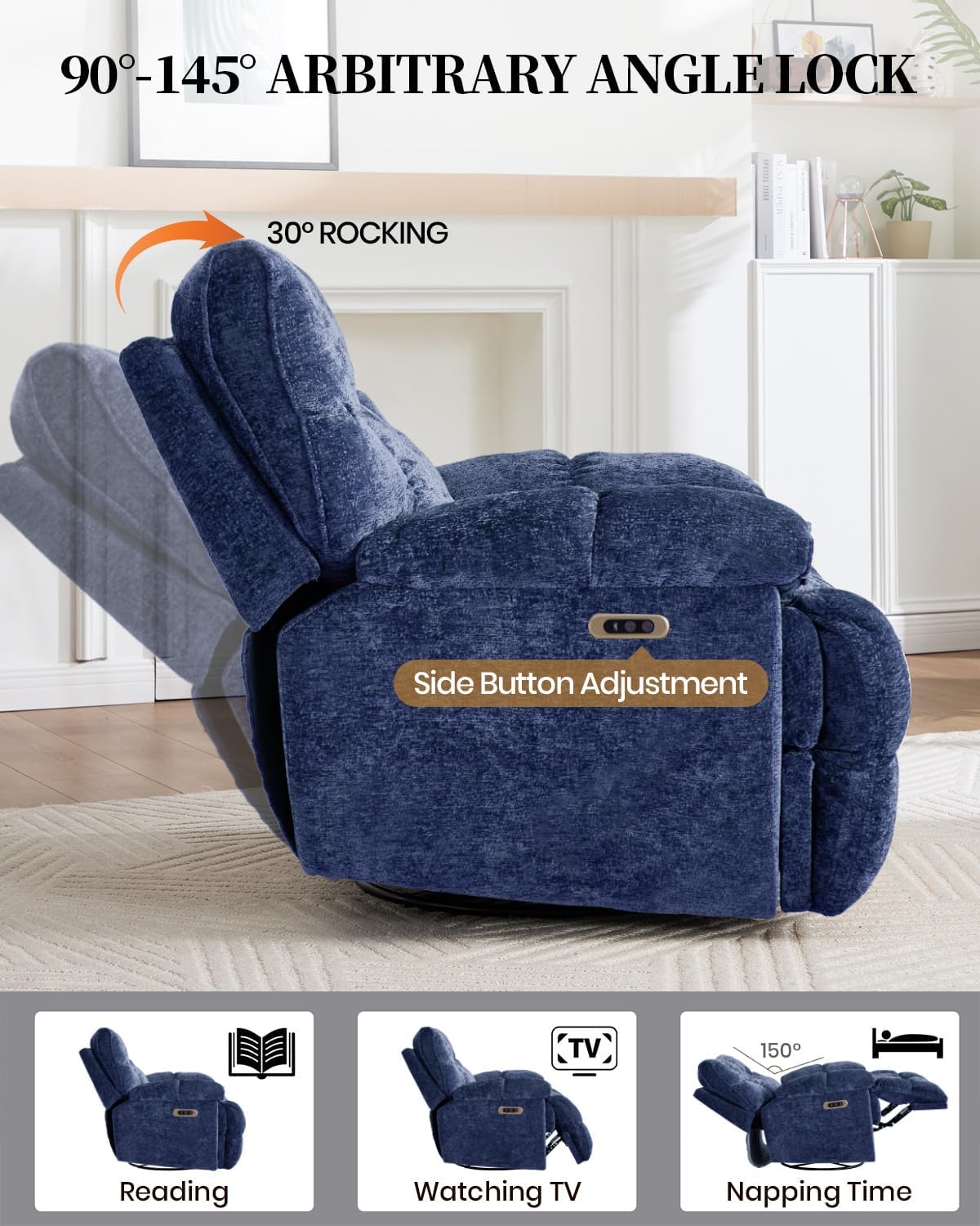 Oversized Power Swivel Rocker Recliner Chair for Big and Tall, Electric Chenille Glider with USB Ports, Extra Wide Overstuffed Reclining Sofa for Living Room Nursery, 375lbs (Blue, Power)