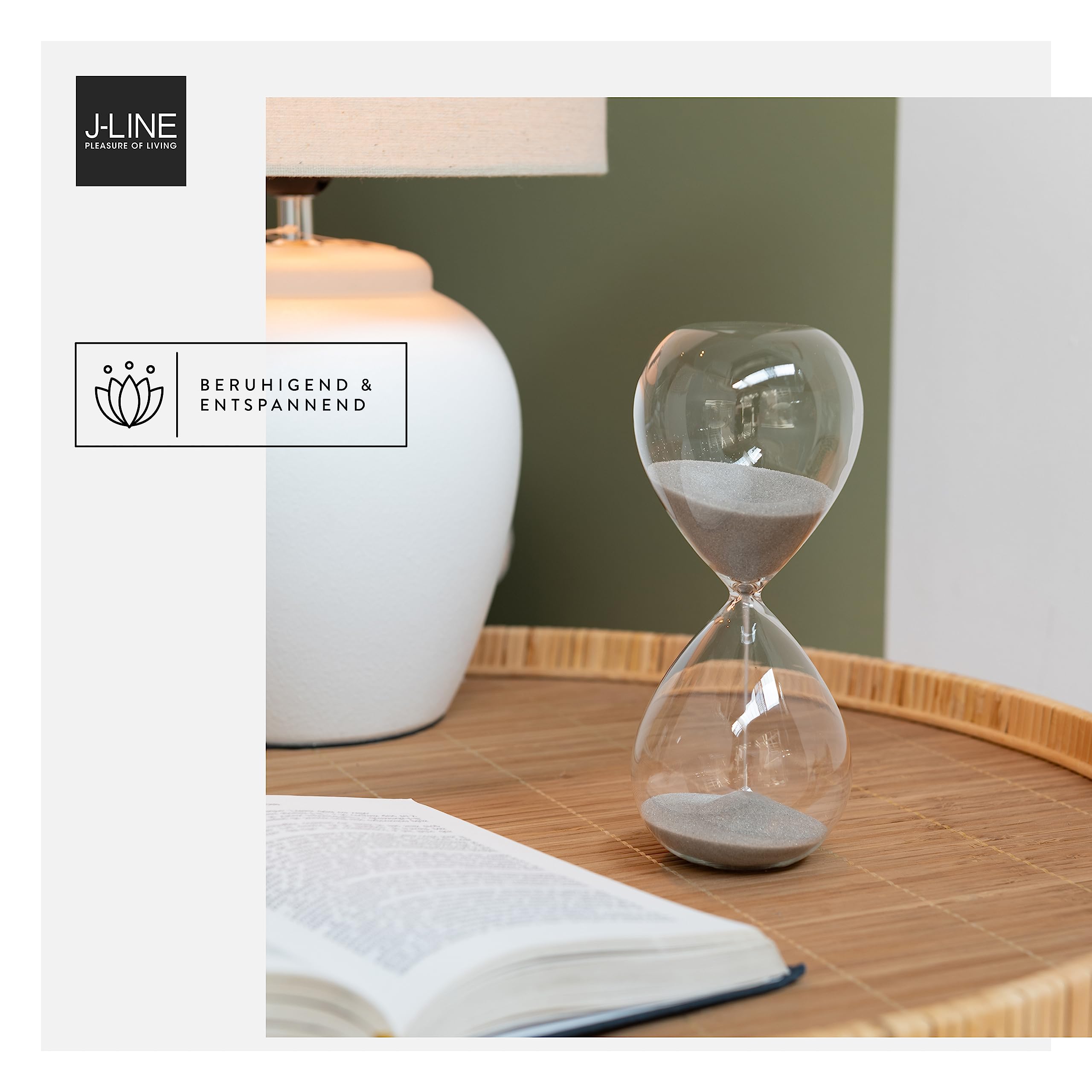 J-Line Reloj de arena decorativo de cristal con arena gris, perfecto para meditación y yoga, decoración moderna para sala de estar y oficina, 23 cm de alto, grande