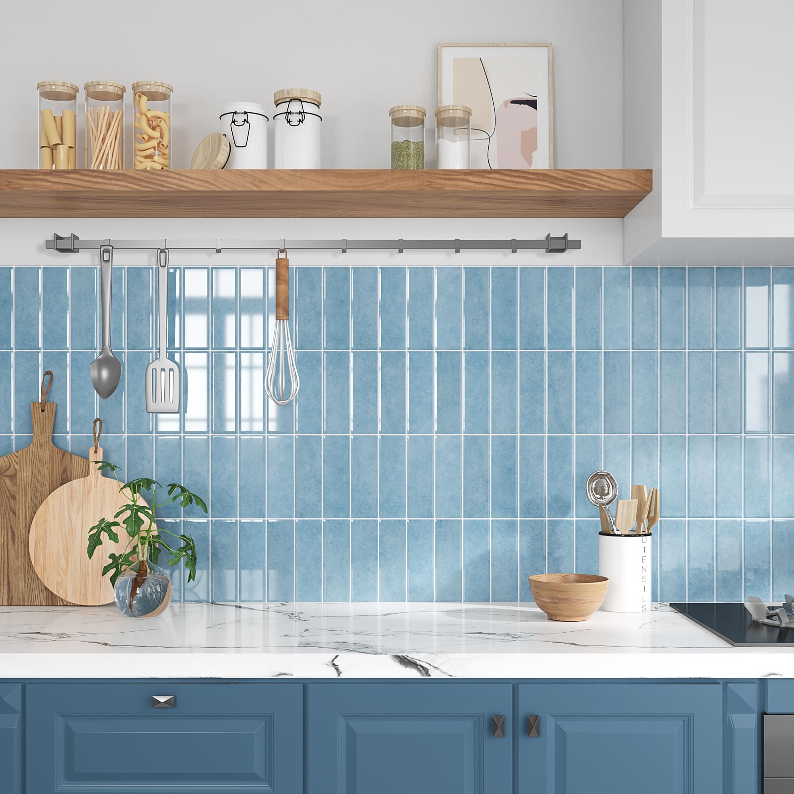 VEELIKE Azulejos Adhesivos Cocina Azules 3D Baldosas Adhesivas Pared Trasera Cocina Vinilos Baño Azulejos Papel Adhesivo para Baldosas Vinilo Cocina Pared Azulejos Impermeable 30.5cm×30.5cm 6 Piezas