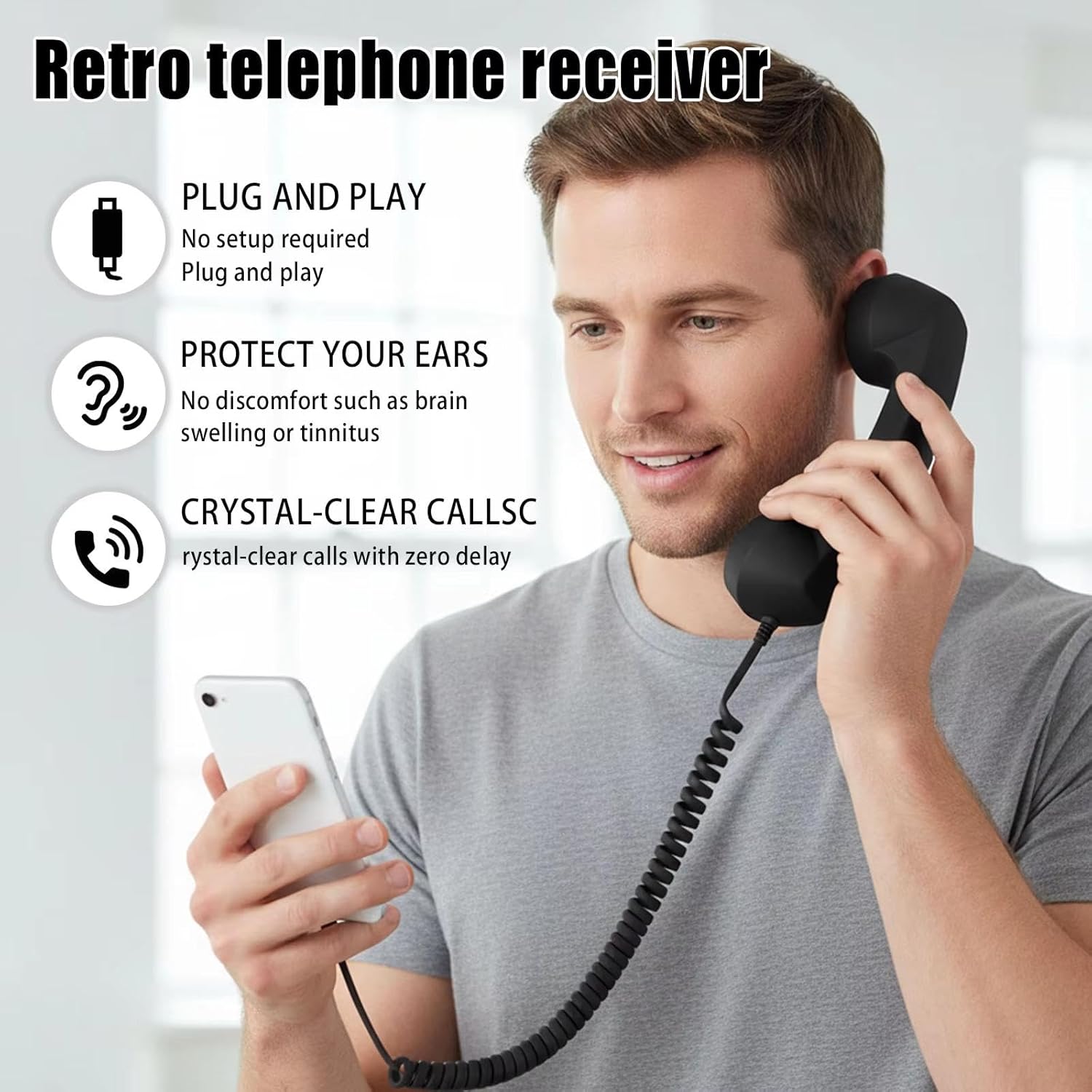 Retro Phone Handset Type-C Wired Receiver with Microphone and Volume Control, Plug and Play Vintage Style for Mobile Video Calls, Model 2026 (Black)