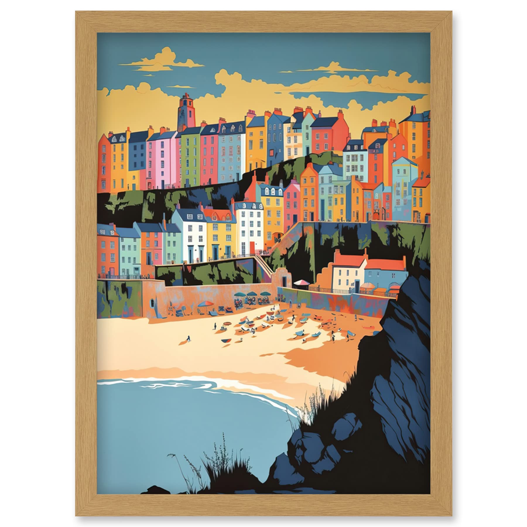 Artery8 Tenby Castle Beach Coastal Town Summer in Wales Artwork Framed Wall Art Print A4