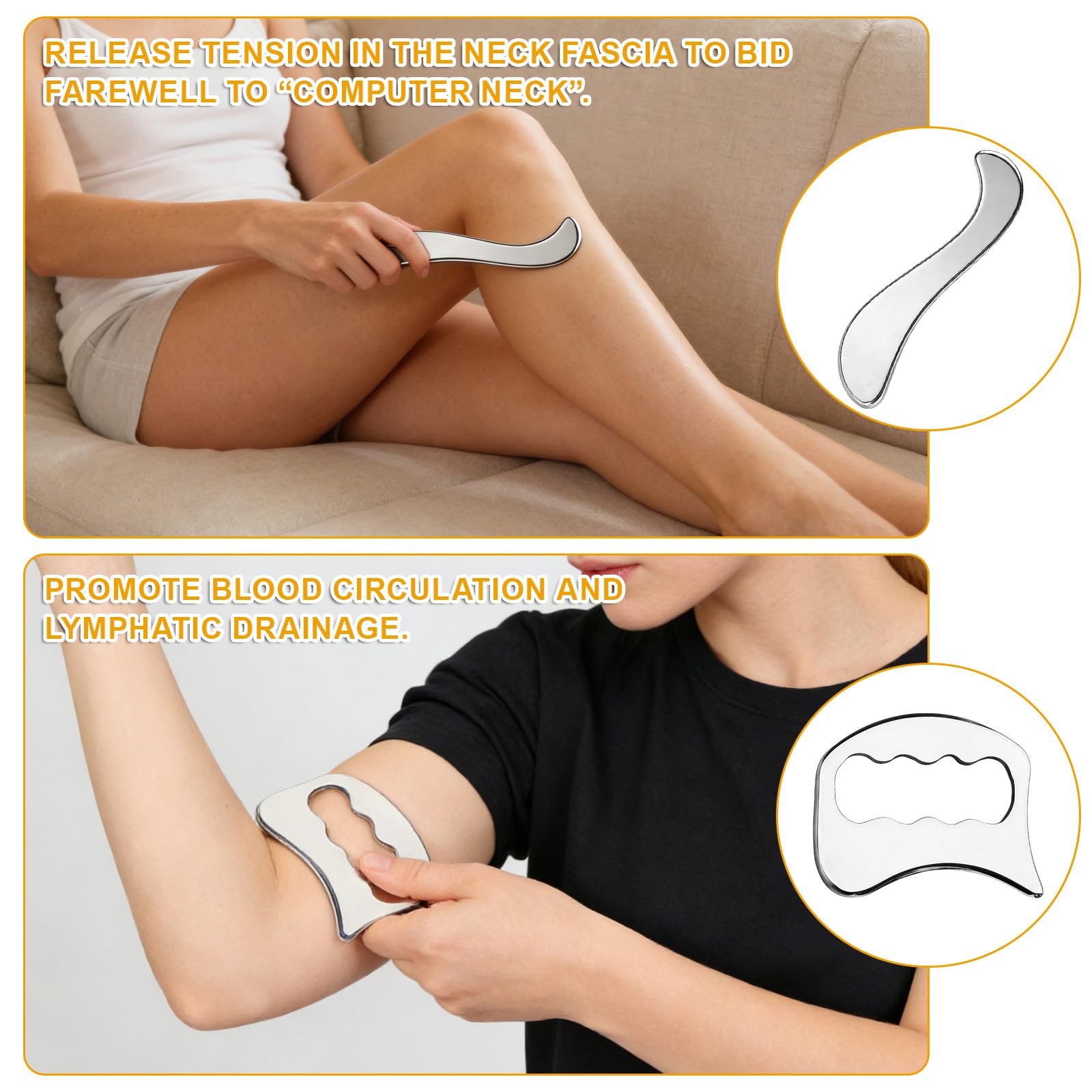 4 Articles Gua sha acier inoxydable, Guasha pour visage et Corps, Uasha Pour Le Corps, Outils de Massage Fascial Anti-Fatigue, 1 Portable avec Poche en Laine.
