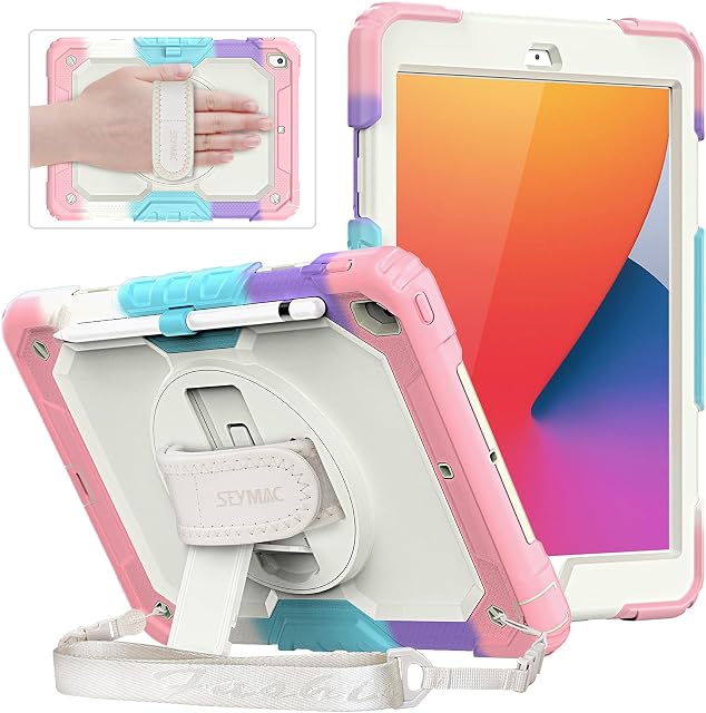 SEYMAC iPad 9th/8th/7th Generation 10.2 Inch Case, 3-Layer Protective Case Kids with 360 Rotating Hand Strap/Stand, Shoulder Strap, Screen Protector, Pencil Holder for iPad 10.2, Cream+Camo Pink