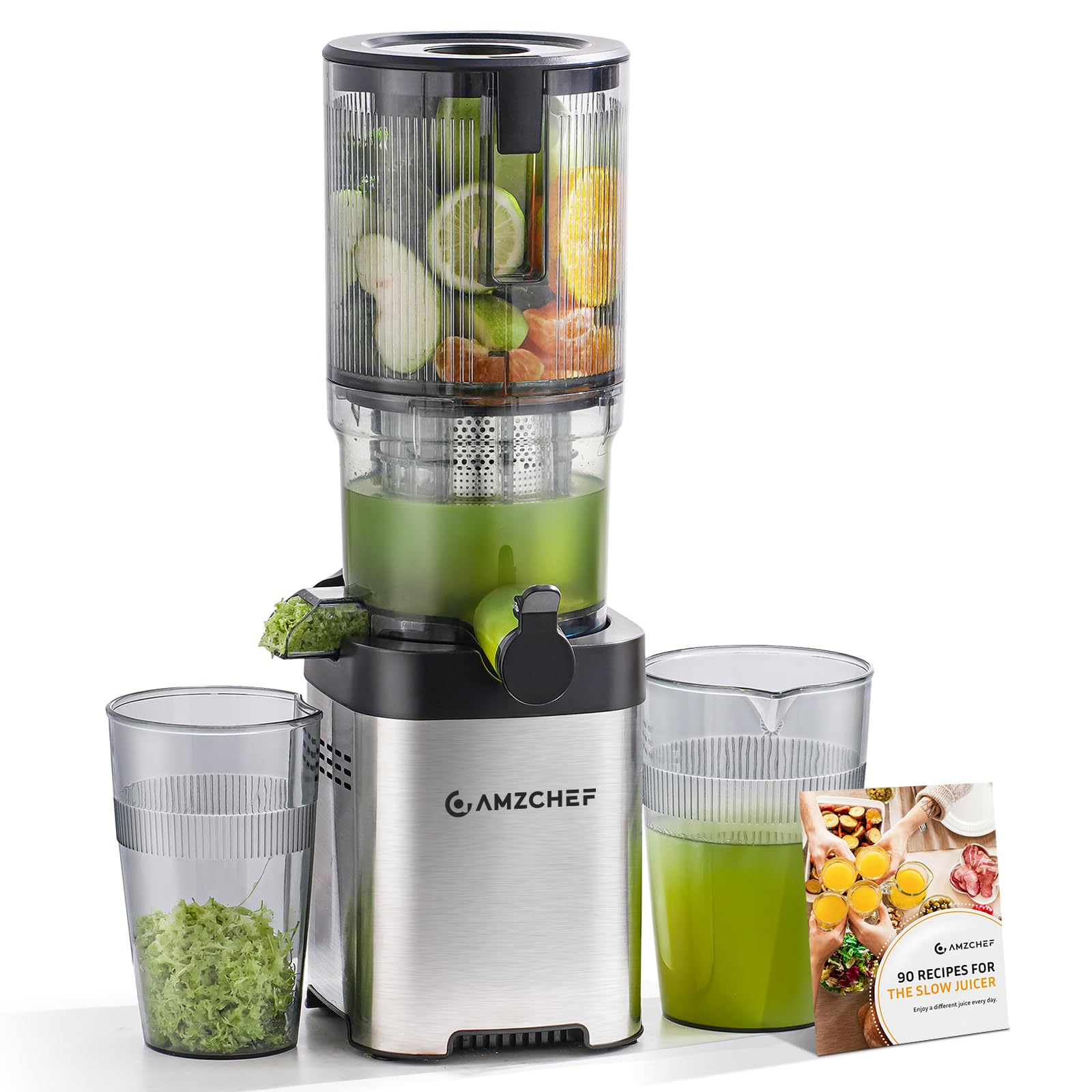 Cold press Juicer Machines with 5.4" Extra Self-Feeding for Whole Vegetable &amp; Fruit, Juice Extractor with Large Auger &amp; Triple Strainers, Easy to Clean, High Juice Yield, Stainless Steel Silver