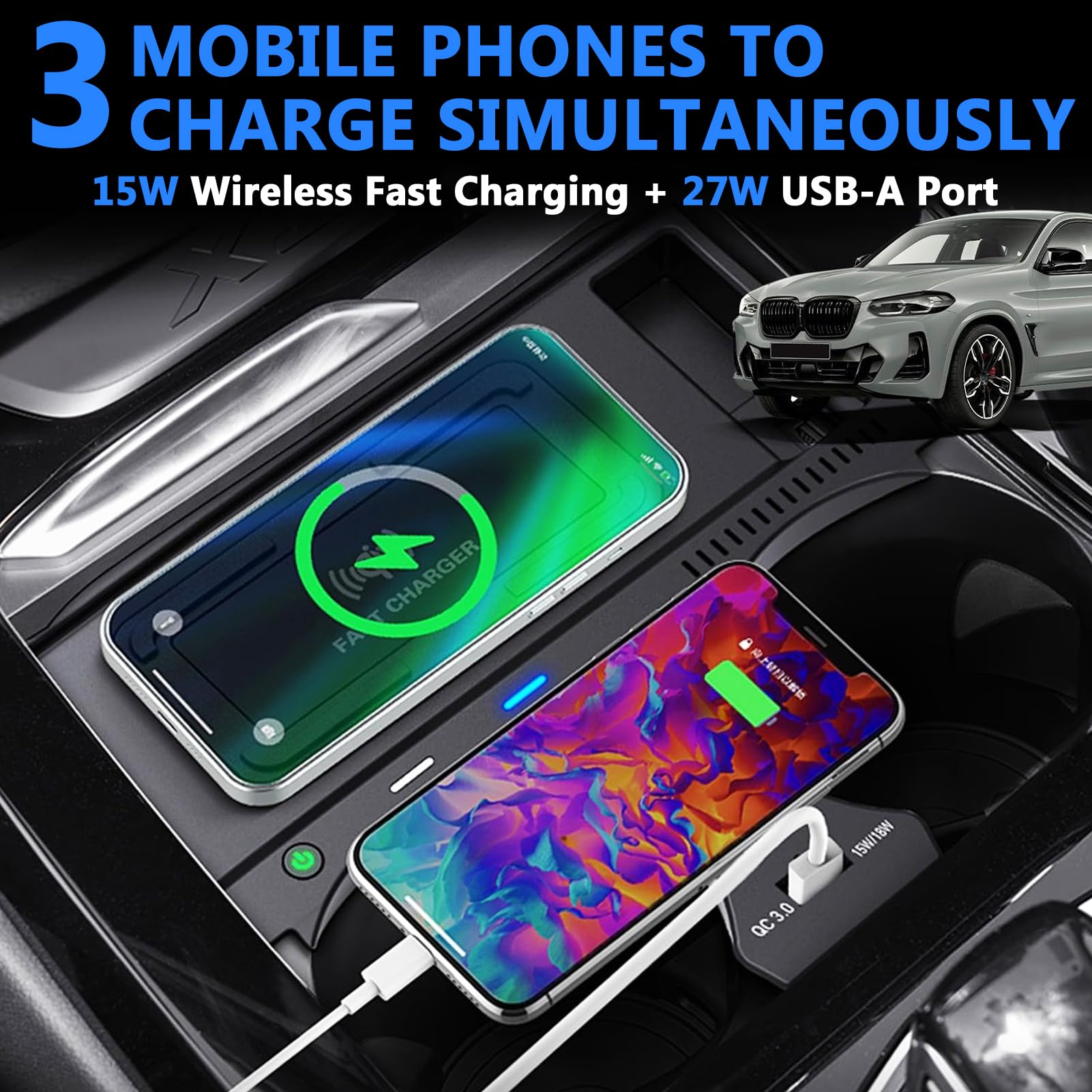 Bezprzewodowa ładowarka Samochodowa Telefonu do BMW (2018-2023) X3, X4, (2019-2023) X3M, X4M, (2021-2023) iX3, Konsola środkowa Akcesoria Podkładka ładująca, Szybka ładowarka do i-Phone Sam-sung