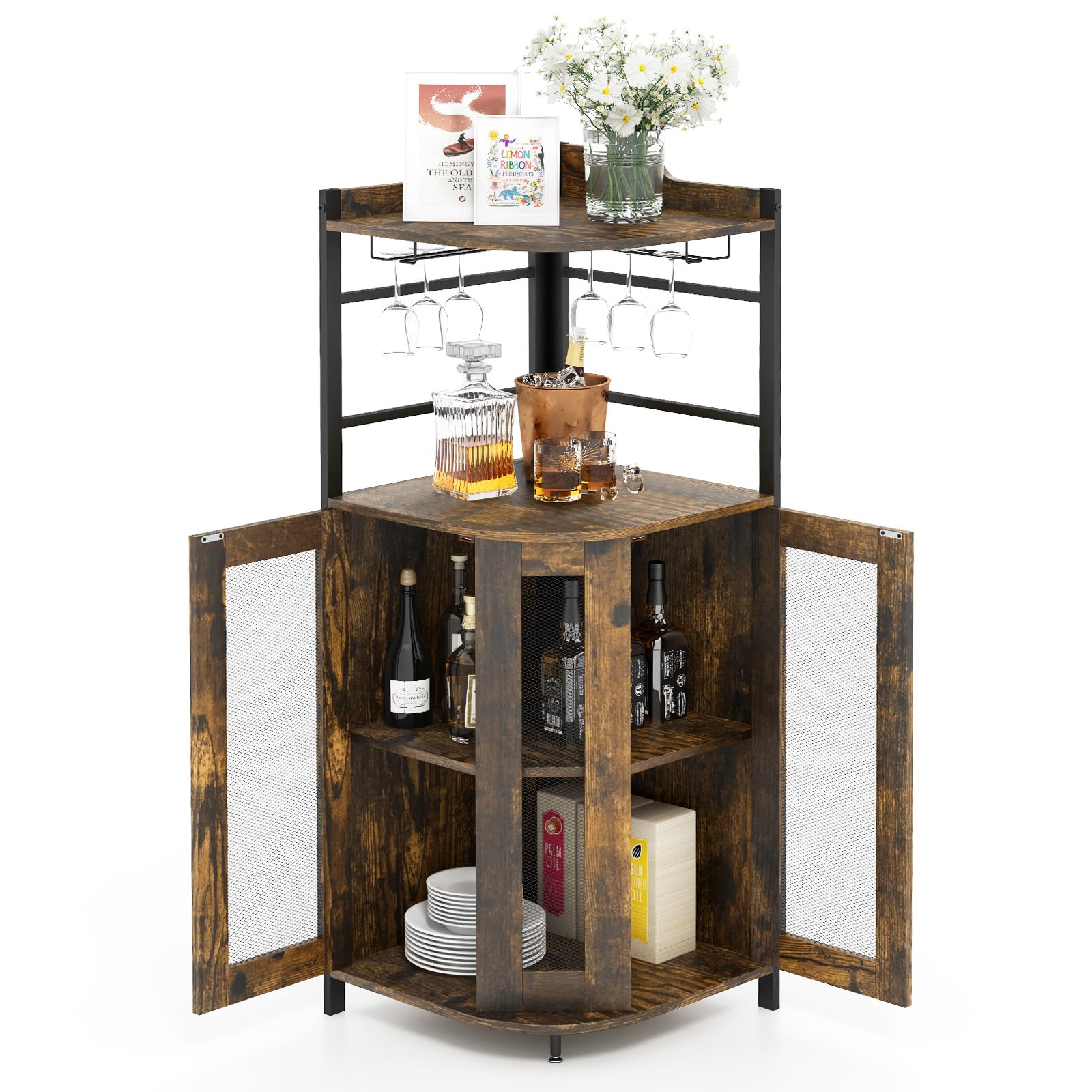 COSTWAY Armario de Esquina de vino con Portavasos de Vidrio, Armario de Vino Industrial con Puertas de Malla Metálica y Estante Ajustable, Buffet con Kit Antivuelco para Cocina Comedor (Marrón Oscuro)