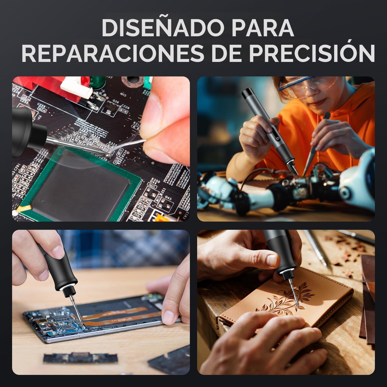 Soldador de estaño inalámbrico con LCD, 7 s de calentamiento rápido, temp. 200–450 °C, USB-C recargable, auto reposo, 3 puntas C210, kit portátil para DIY y reparación electrónica