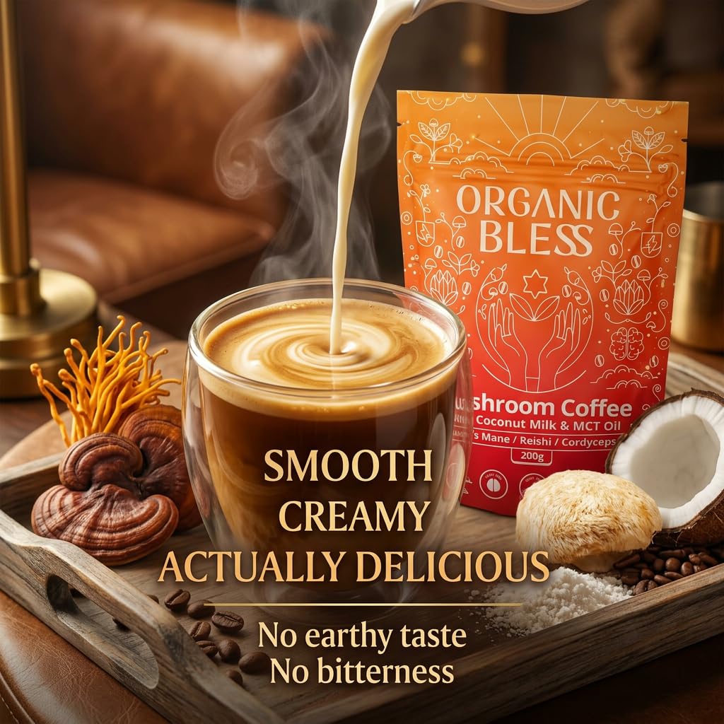 Organic Bless Instant Mushroom Coffee Powder – Organic Lion’s Mane, Reishi & Cordyceps Blend for Energy, Focus & Clarity – Adaptogenic Coffee with Coconut Milk & MCT Oil – 30 Servings