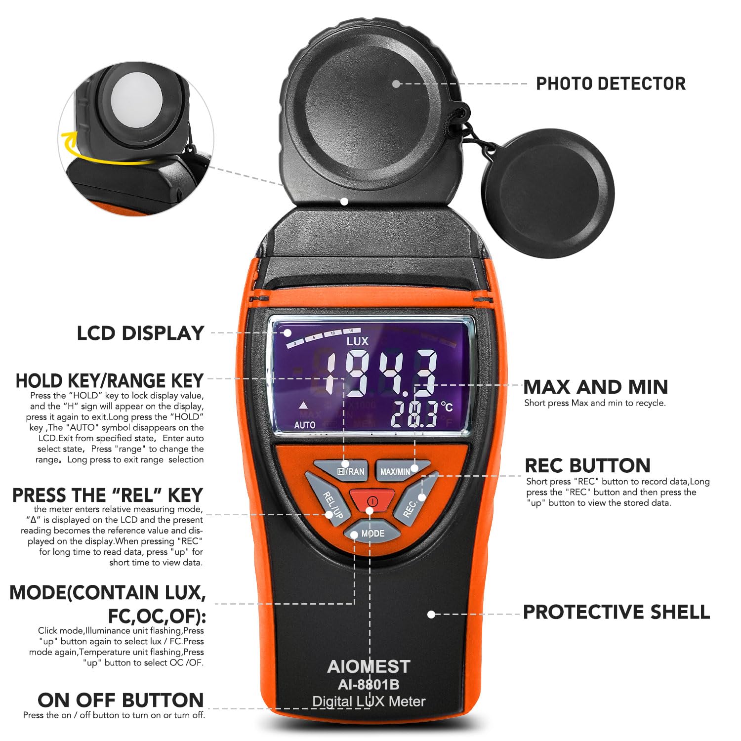 AIOMEST Numérique Luxmeter Photomètre portable 0,1 ~ 400,000 lux avec données, détecteur rotatif à 270° avec écran LCD pour plantes, bureau, éclairage LED, AI-8801B (orange)