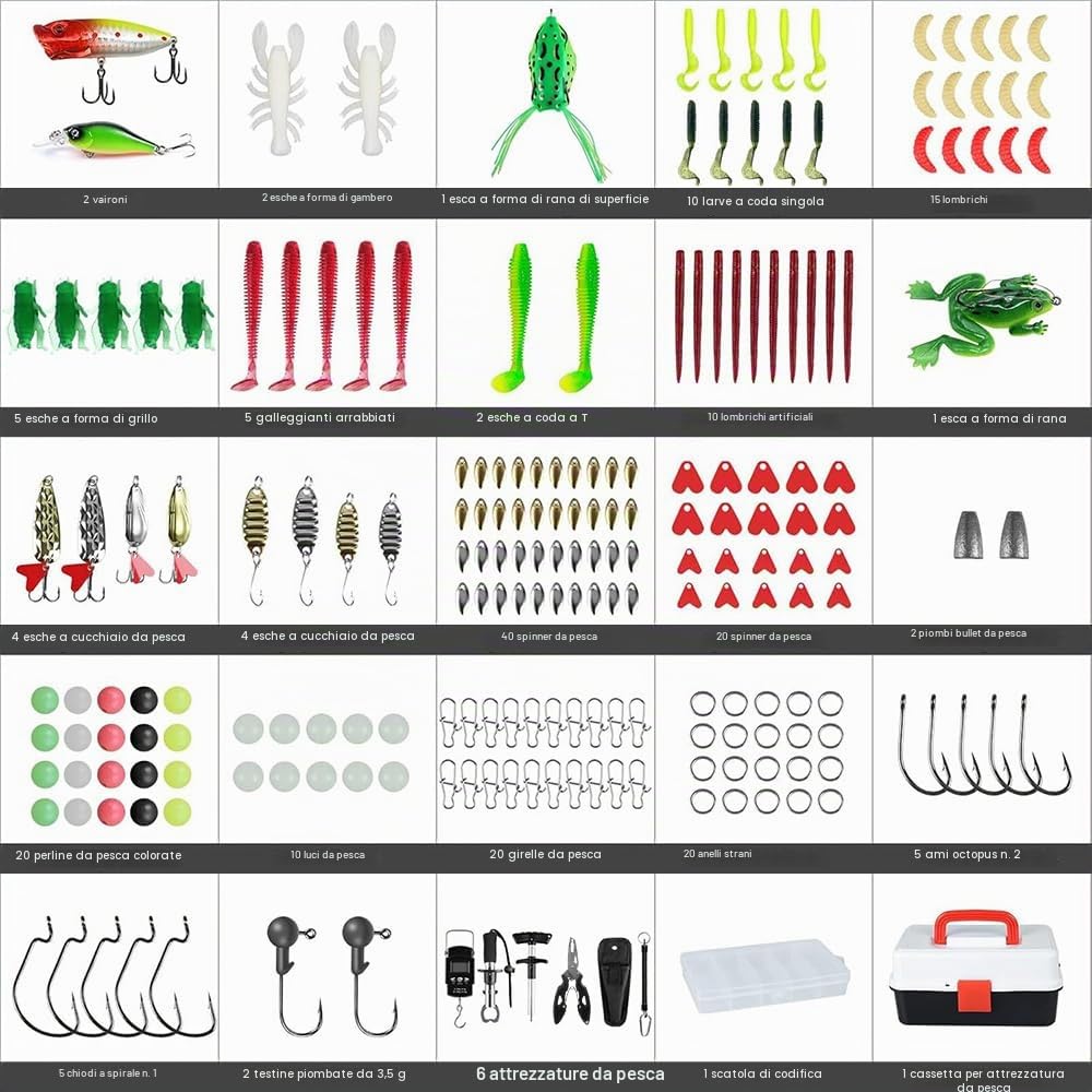 Set di 213 accessori da pesca, 3 strati, con accessori, set di attrezzi con clip per labbra, rimozione di ganci, acqua dolce salata, attrezzatura da pesca adatta per bambini, adulti, principianti