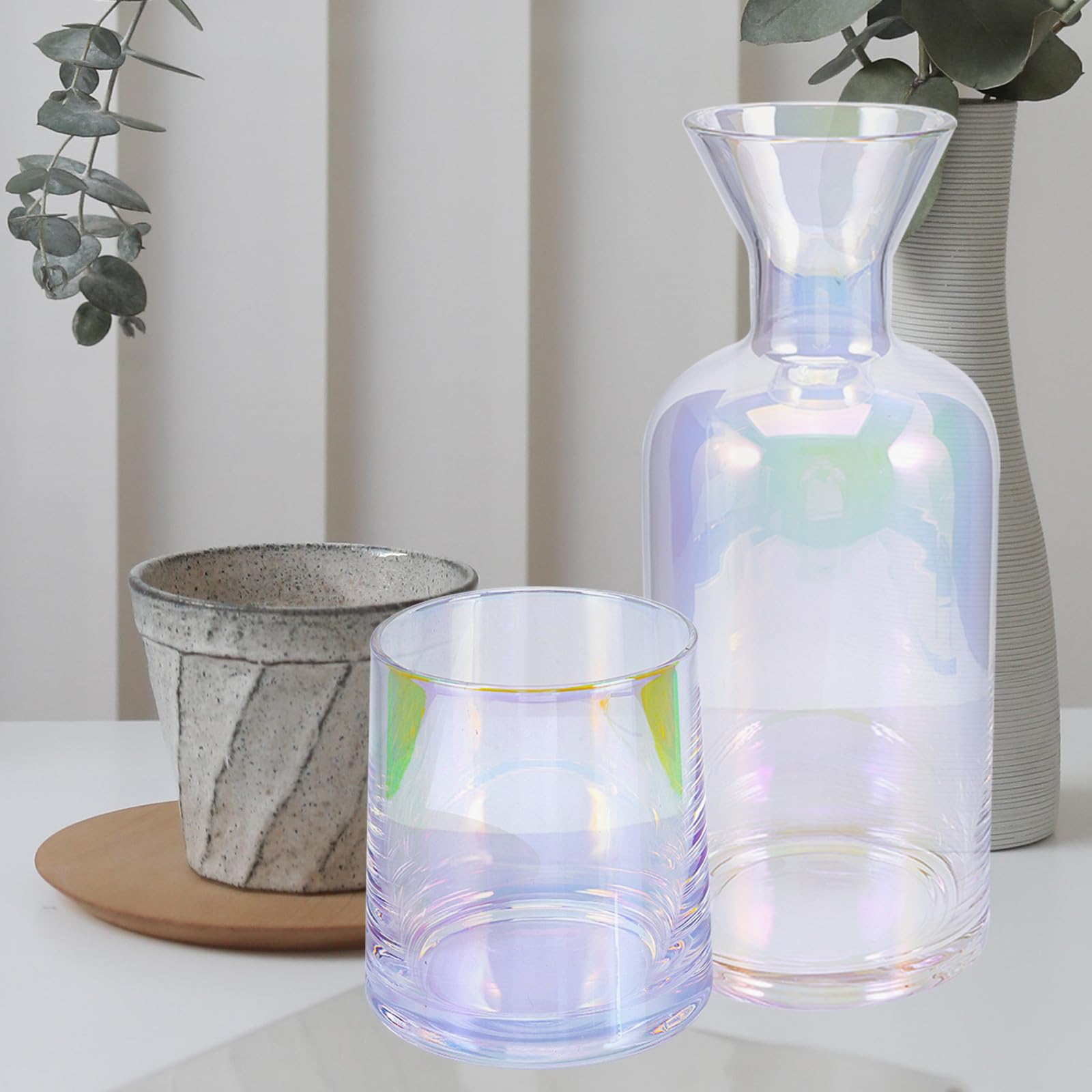 OUNONA Juego de Jarra de Agua y Vaso de Vidrio Transparente con Base de Madera, Resistente al Calor, Adecuado para Banquetes y Eventos Sociales