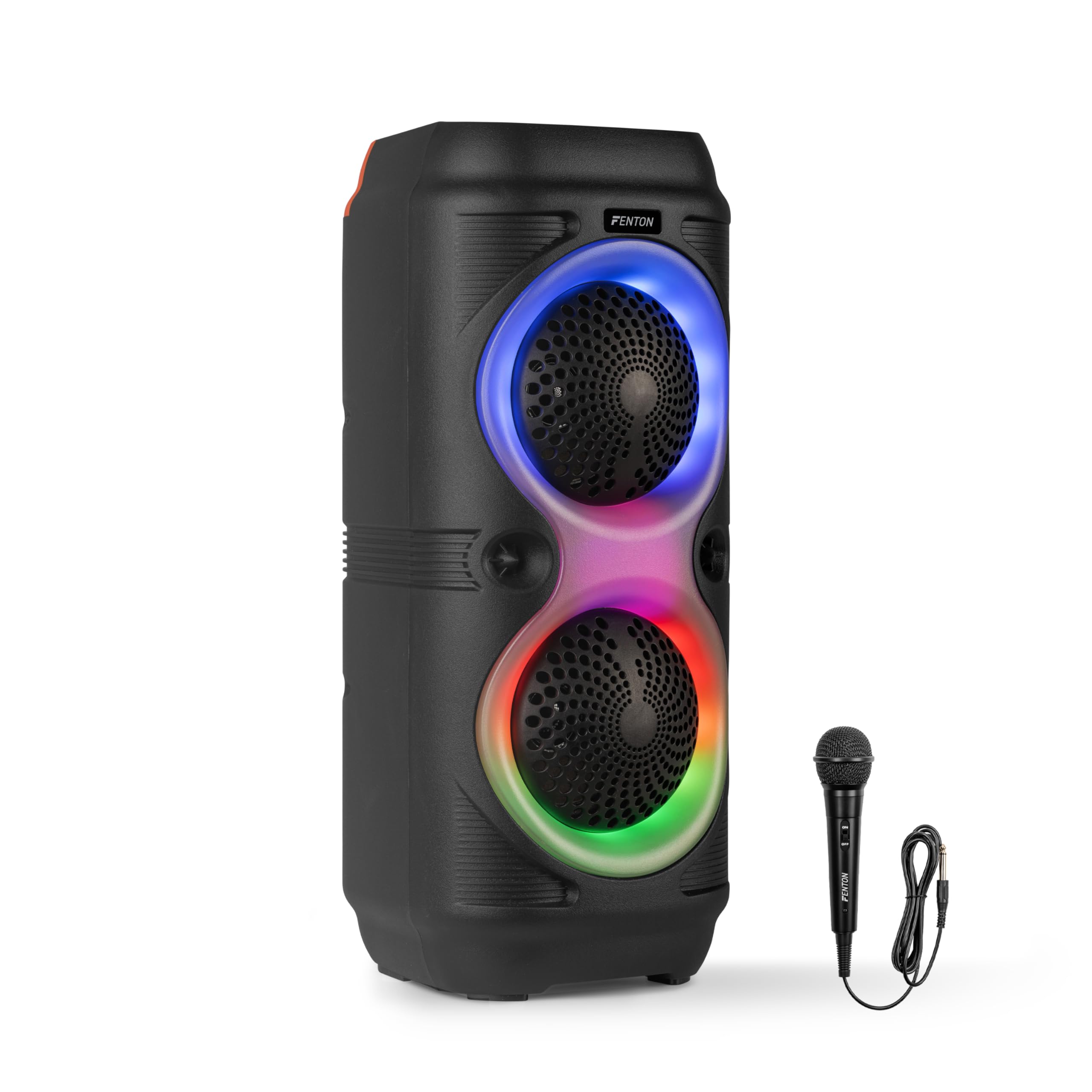Fenton Track210 – Portable Bluetooth Speaker 100 W with Wired Microphone, Rechargeable Battery, LED Lights, USB, MicroSD, Portable Compact Karaoke Machine, Stereo Pairing Mode, Black