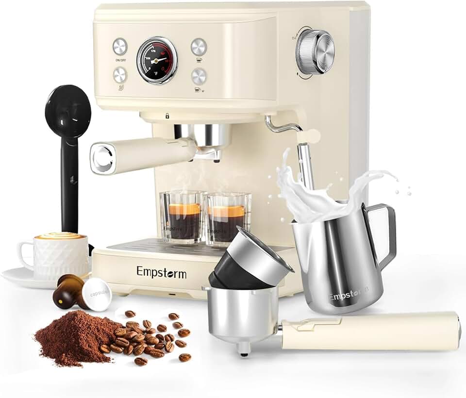 Máquina de café café café com leite 20 barras, máquina de cappuccino profissional 3 em 1 com cápsula E.S.E e varinha de vapor de espuma de leite compatível com cápsulas originais NS para