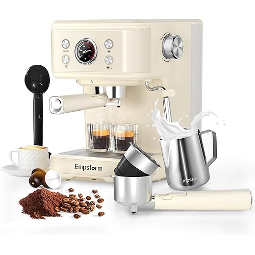 Empstorm Espresso Machine 20 Bar, 2 in 1 Espresso Maker with Milk Frother Steam Wand for Latte and Cappuccino, Powder and Capsule Portafilter, 50oz Removable Water Tank Coffee Machine for Home-White
