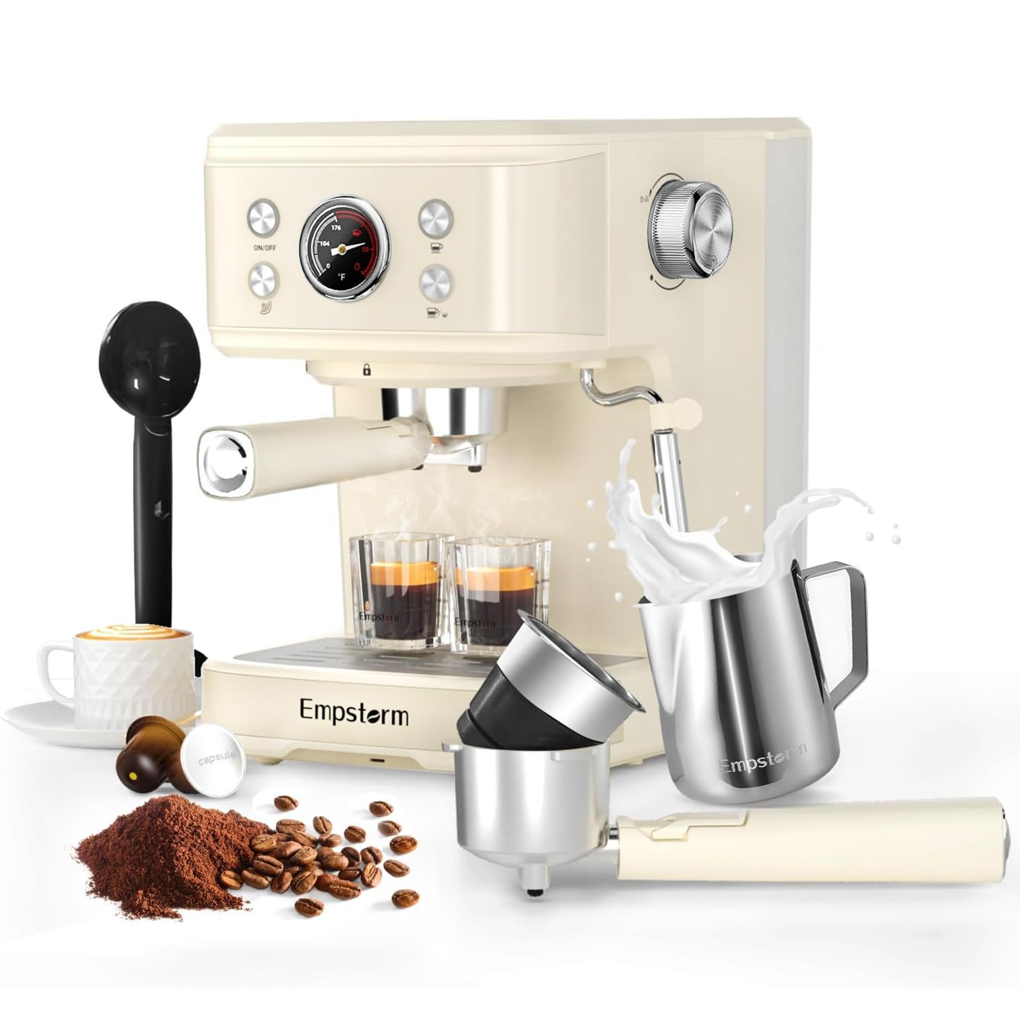 Espresso Machine 20 Bar, 2 in 1 Espresso Maker with Milk Frother Steam Wand for Latte and Cappuccino, Powder and Capsule Portafilter, 50oz Removable Water Tank Coffee Machine for Home-White