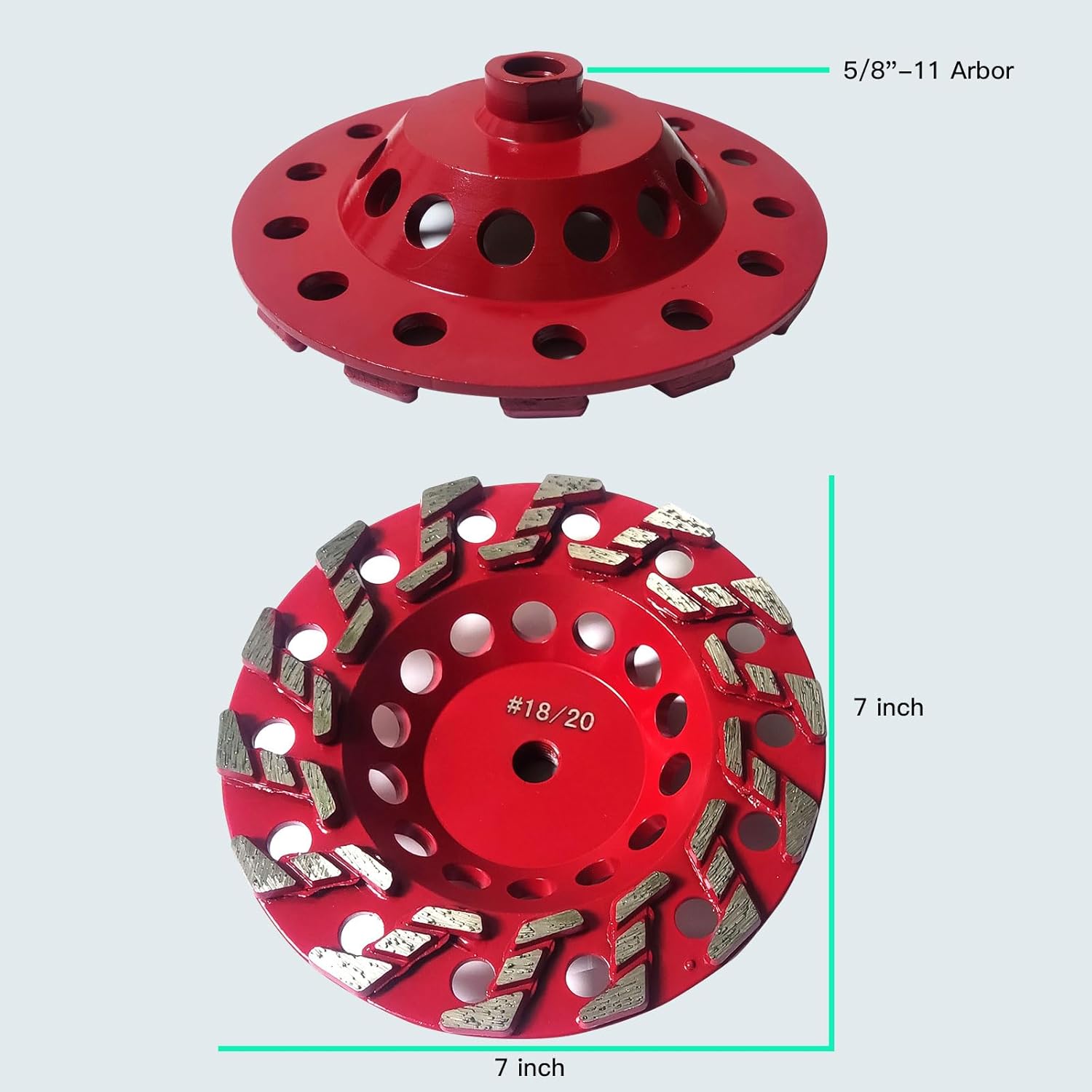 7" High Performance Diamond Grinding Wheels, Engineered for Aggressive Concrete, Masonry, Aint, epoxy, Mastic, and Surface coatings, 14 S Segments, 5/8"-11 Arbor, #18/20 Grit.