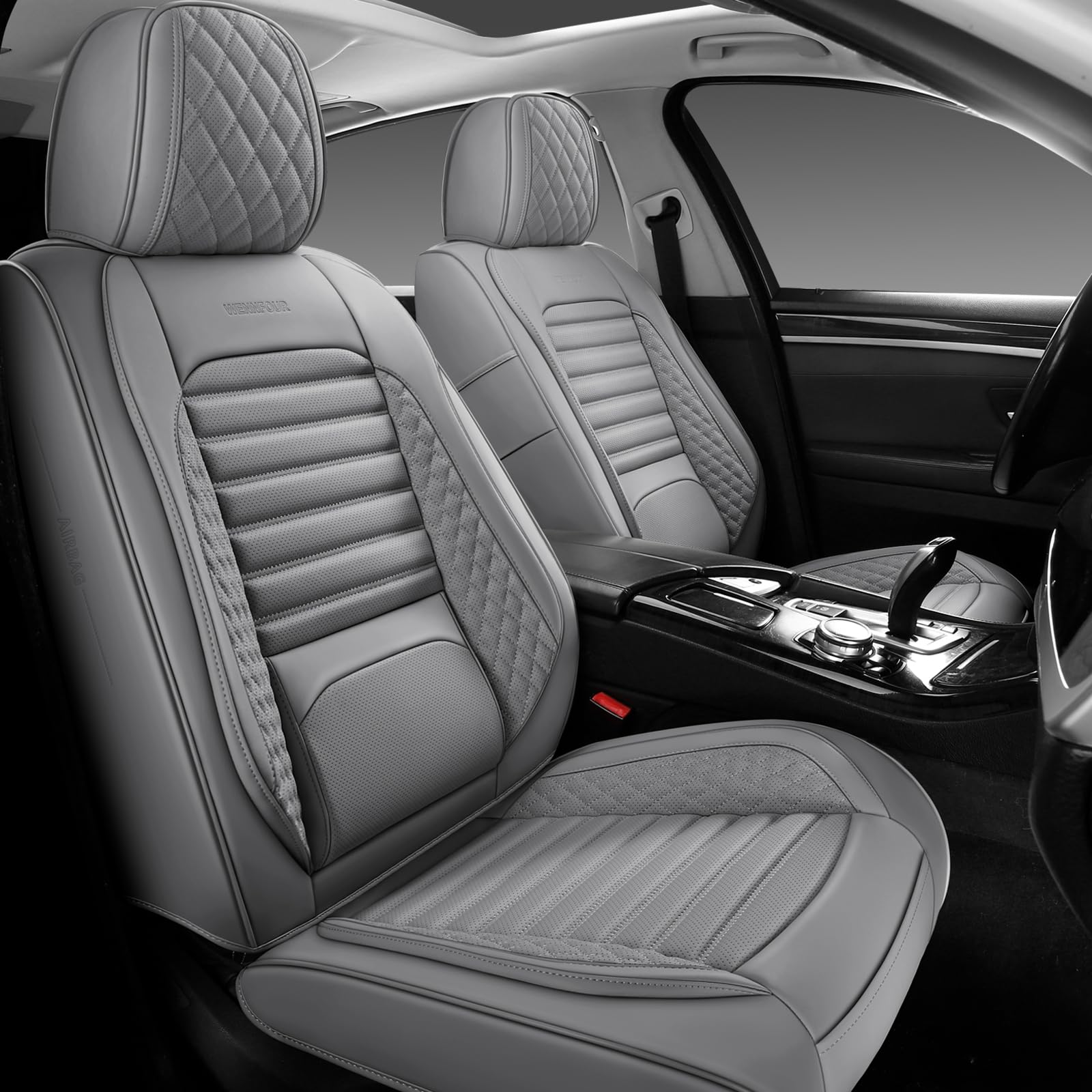 front car seat covers, universal leather seat covers with headrest pillows for most cars suvs pickup trucks, full coverage car seat protectors, 2 seats car seat cushion,grey