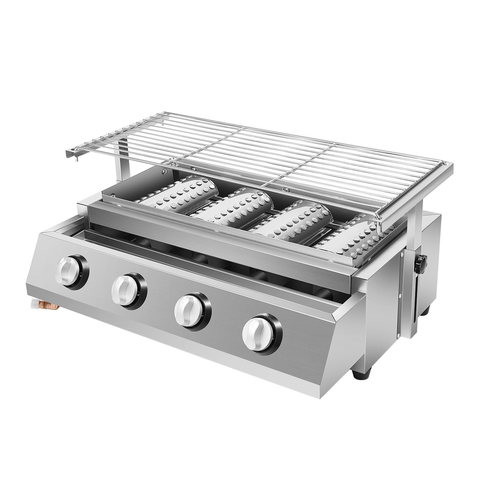 Grill bezdymny, komercyjny grill gazowy, 4/8-palnikowy, konstrukcja ze stali nierdzewnej, z ceramiczną technologią palnika, wysuwana patelnia ociekowa i stojak z regulacją wysokości do