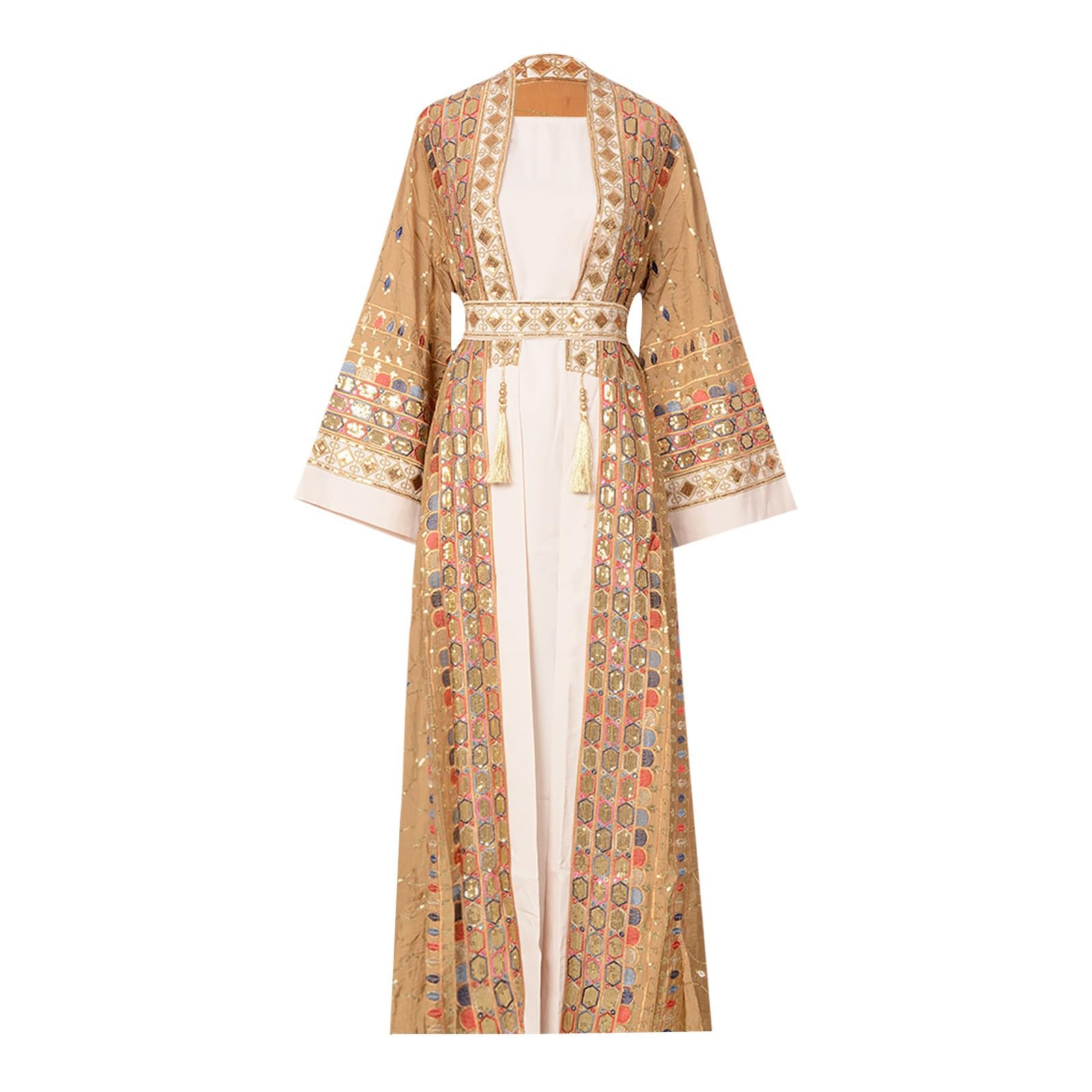 Elegante Abaya Musulmán de Manga Larga con Detalles Intrincados de Cuentas y Colgante para Eventos Formales Nocturnos